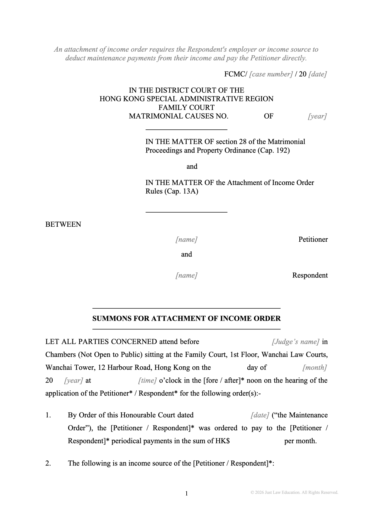 Form SUM-50: Summons — Attachment of Income Order (Matrimonial)