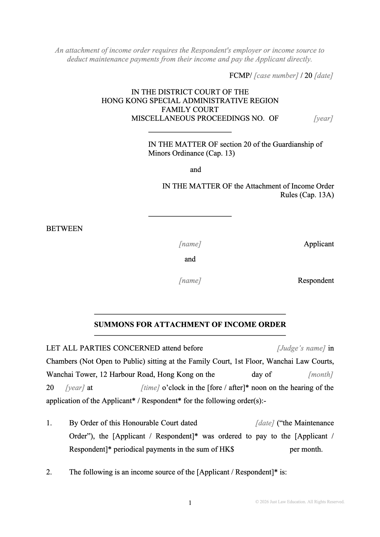 Form SUM-51: Summons — Attachment of Income Order (Unmarried)