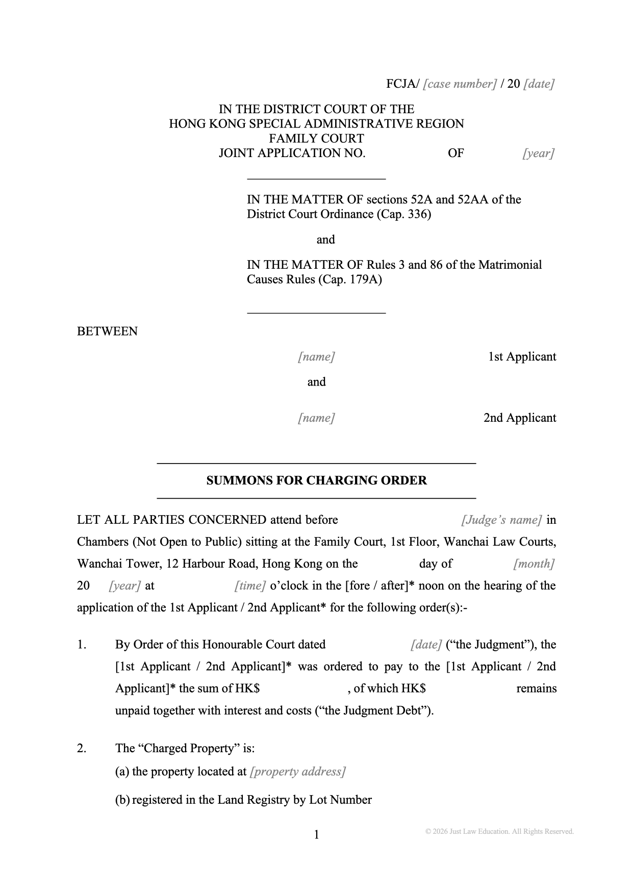 Form SUM-52: Summons — Charging Order on Property (JA)