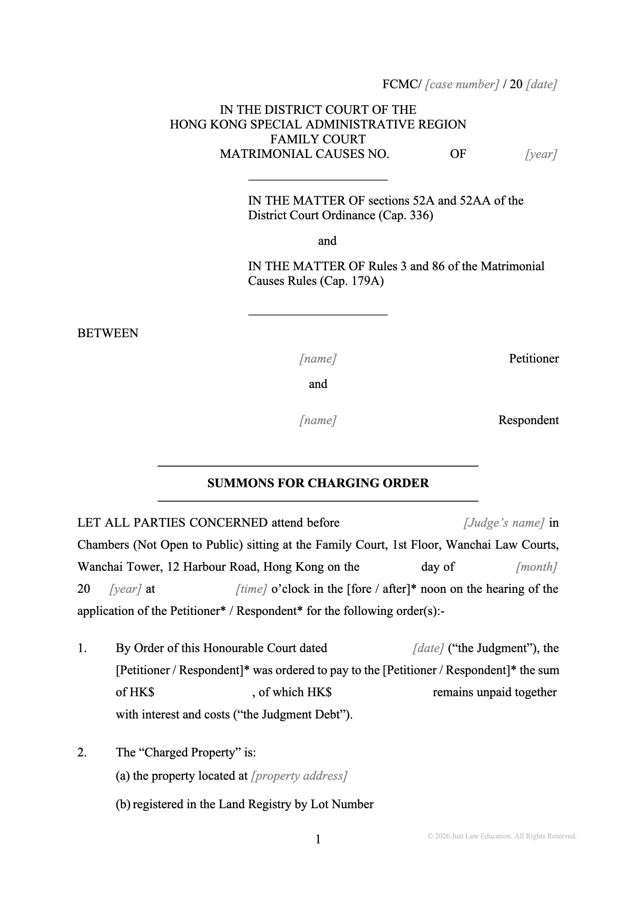 Form SUM-53: Summons — Charging Order on Property (Matrimonial)