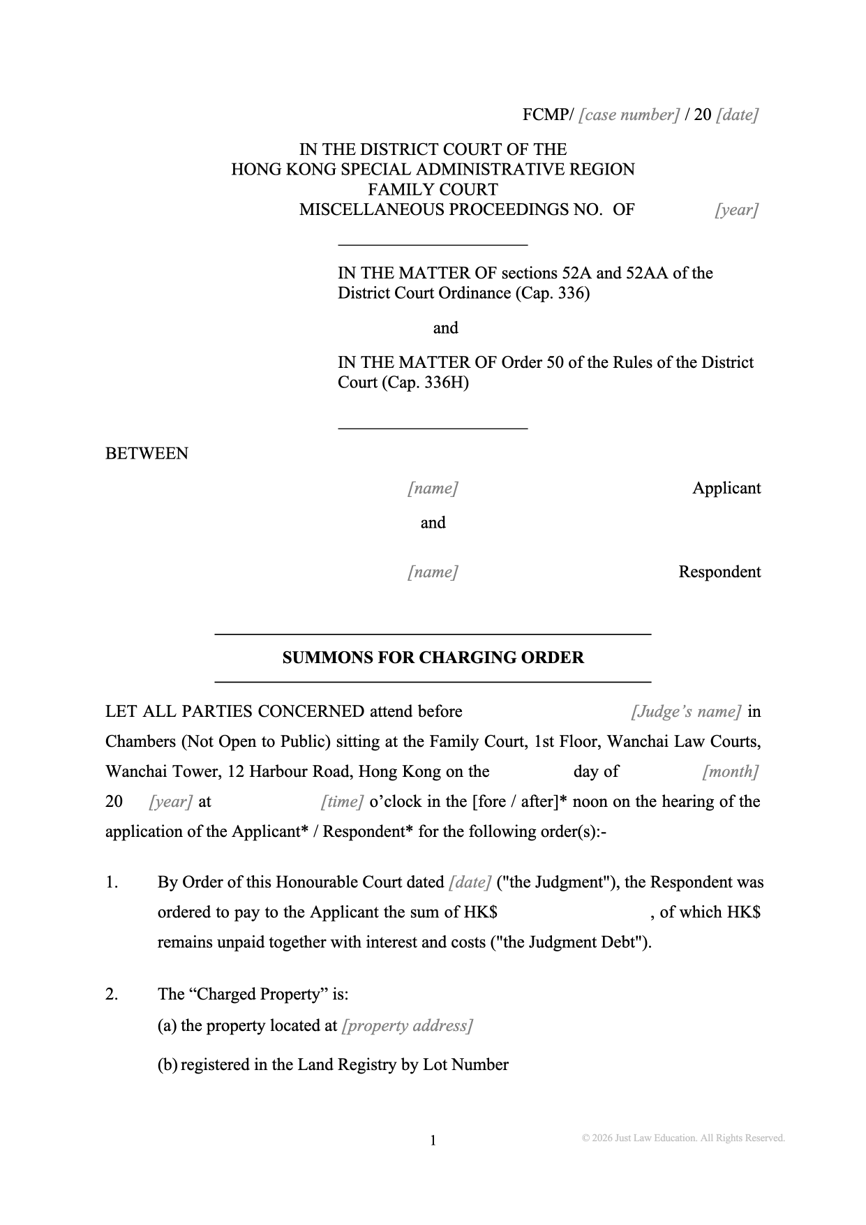 Form SUM-54: Summons — Charging Order on Property (Unmarried)