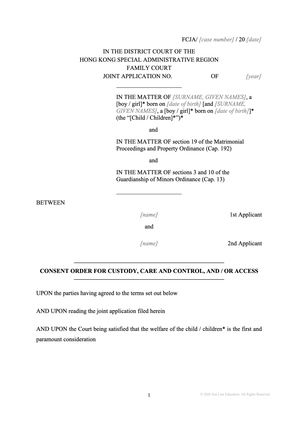 Form DO-01: Consent Custody, Care, Control and Access Order (JA)