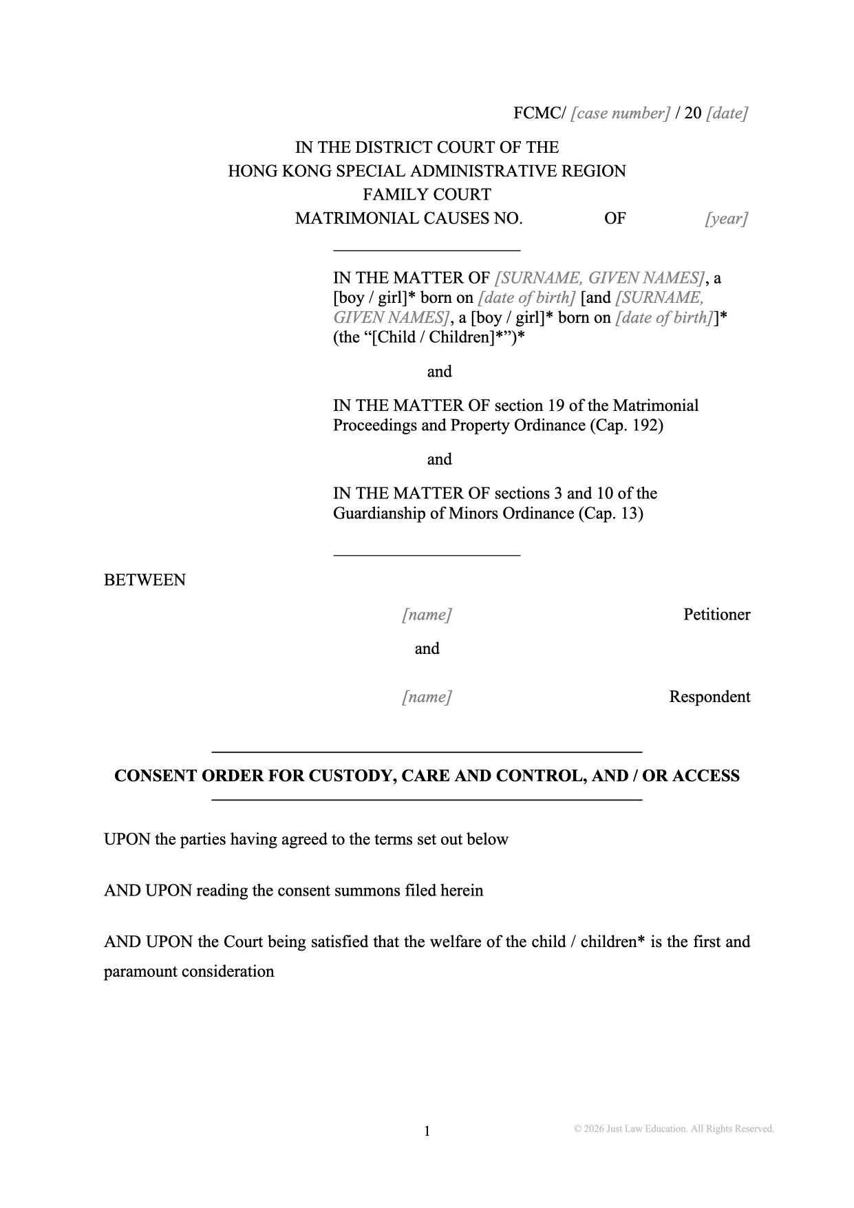 Form DO-02: Consent Custody, Care, Control and Access Order (Matrimonial)