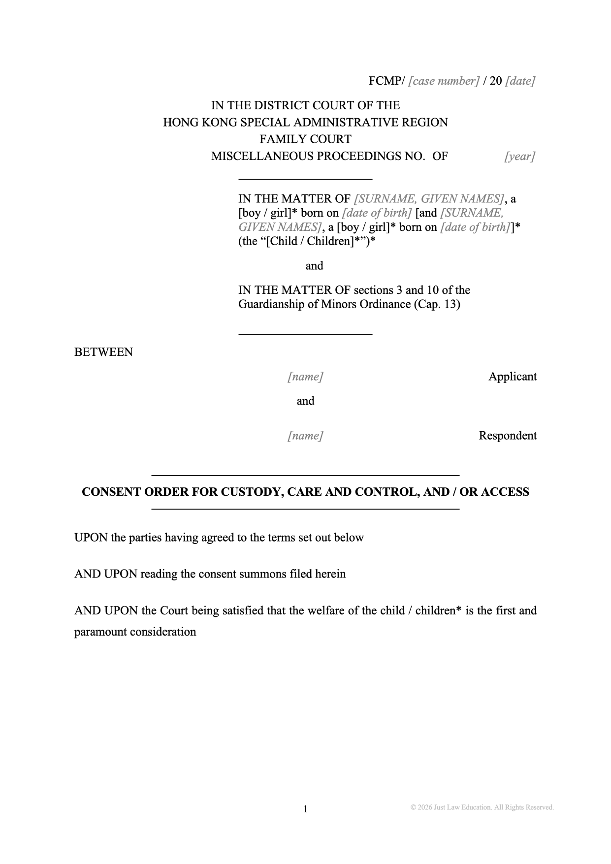 Form DO-03: Consent Custody, Care, Control and Access Order (Unmarried)