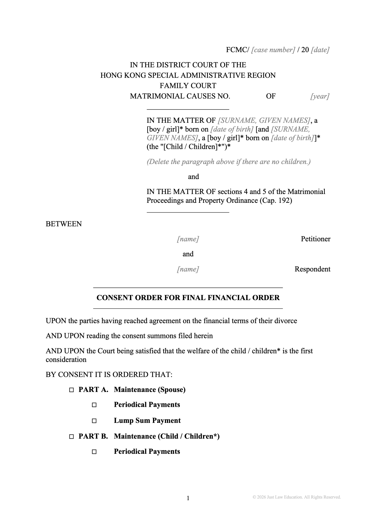 Form DO-20: Consent to Final Financial Order (Matrimonial)