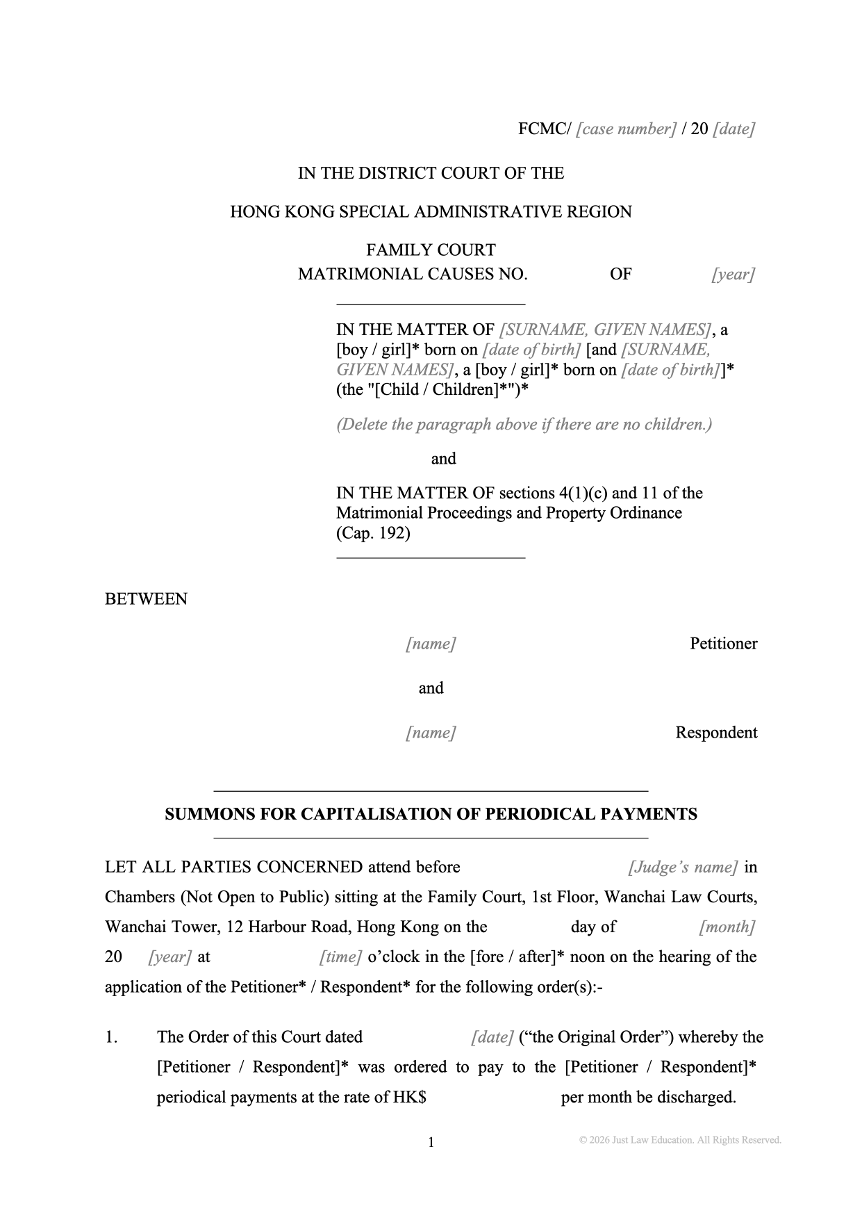 Form SUM-15: Summons — Convert Maintenance into a Lump Sum (Matrimonial)