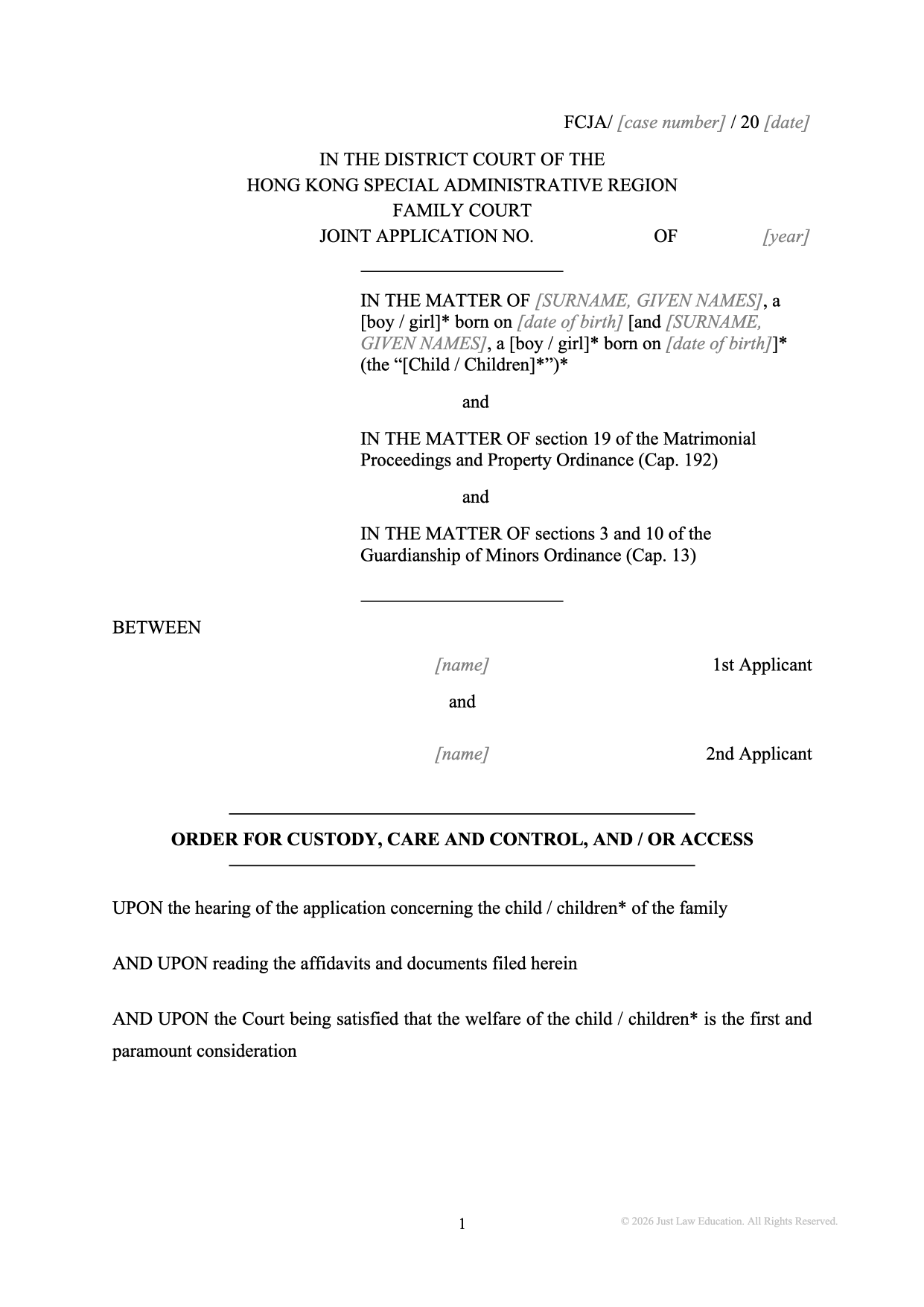 Form DO-04: Custody, Care, Control and Access Order (JA)