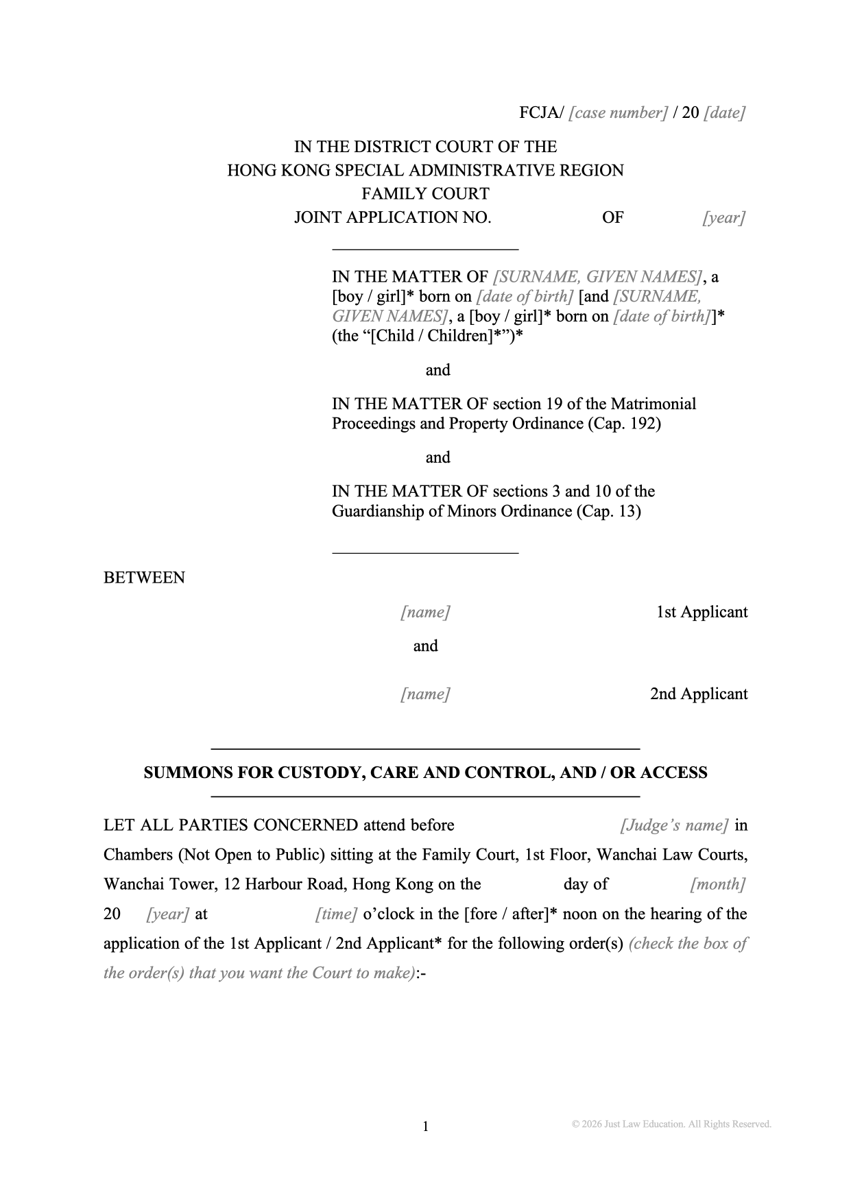 Form SUM-01: Summons — Custody, Care, Control and Access Order (JA)