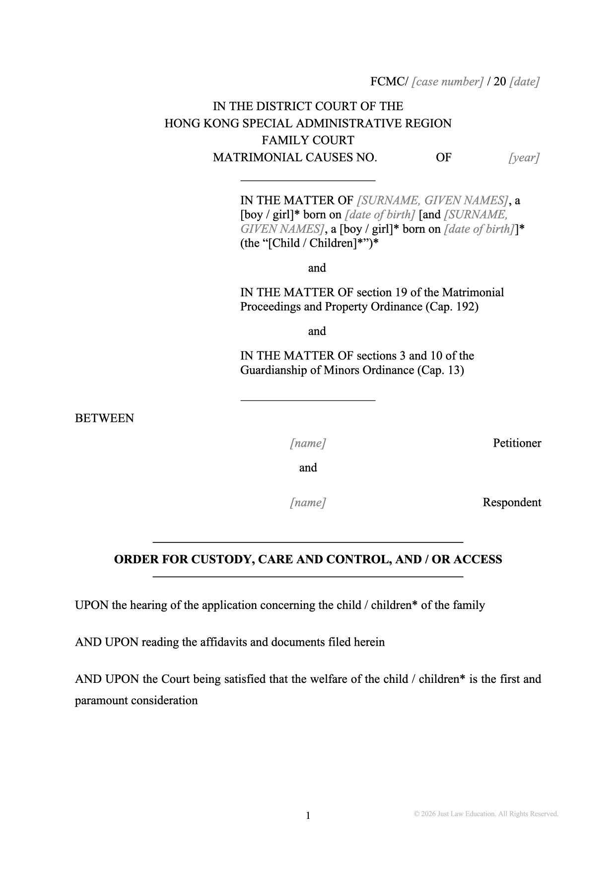 Form DO-05: Custody, Care, Control and Access Order (Matrimonial)
