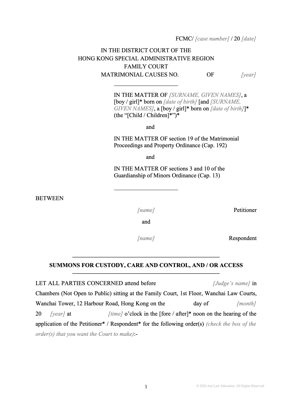 Form SUM-02: Summons — Custody, Care, Control and Access Order (Matrimonial)