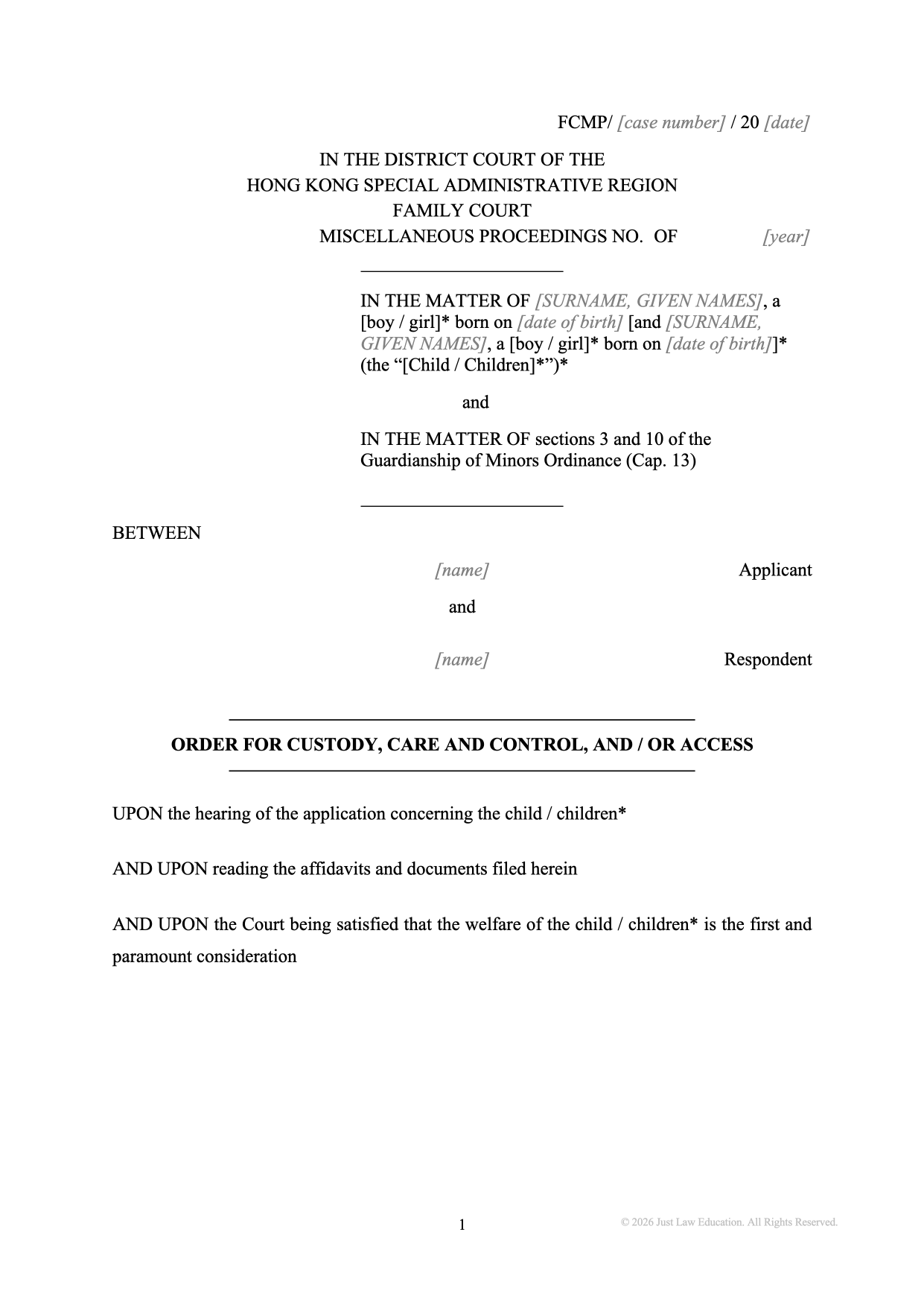 Form DO-06: Custody, Care, Control and Access Order (Unmarried)