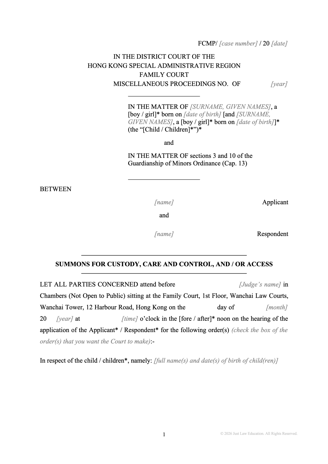 Form SUM-03: Summons — Custody, Care, Control and Access Order (Unmarried)