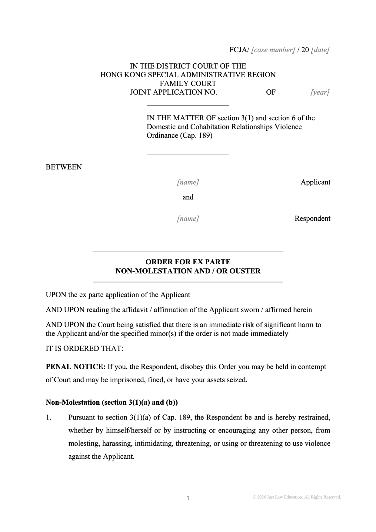 Form DO-80: Ex Parte Non-Molestation and Ouster Order (JA)