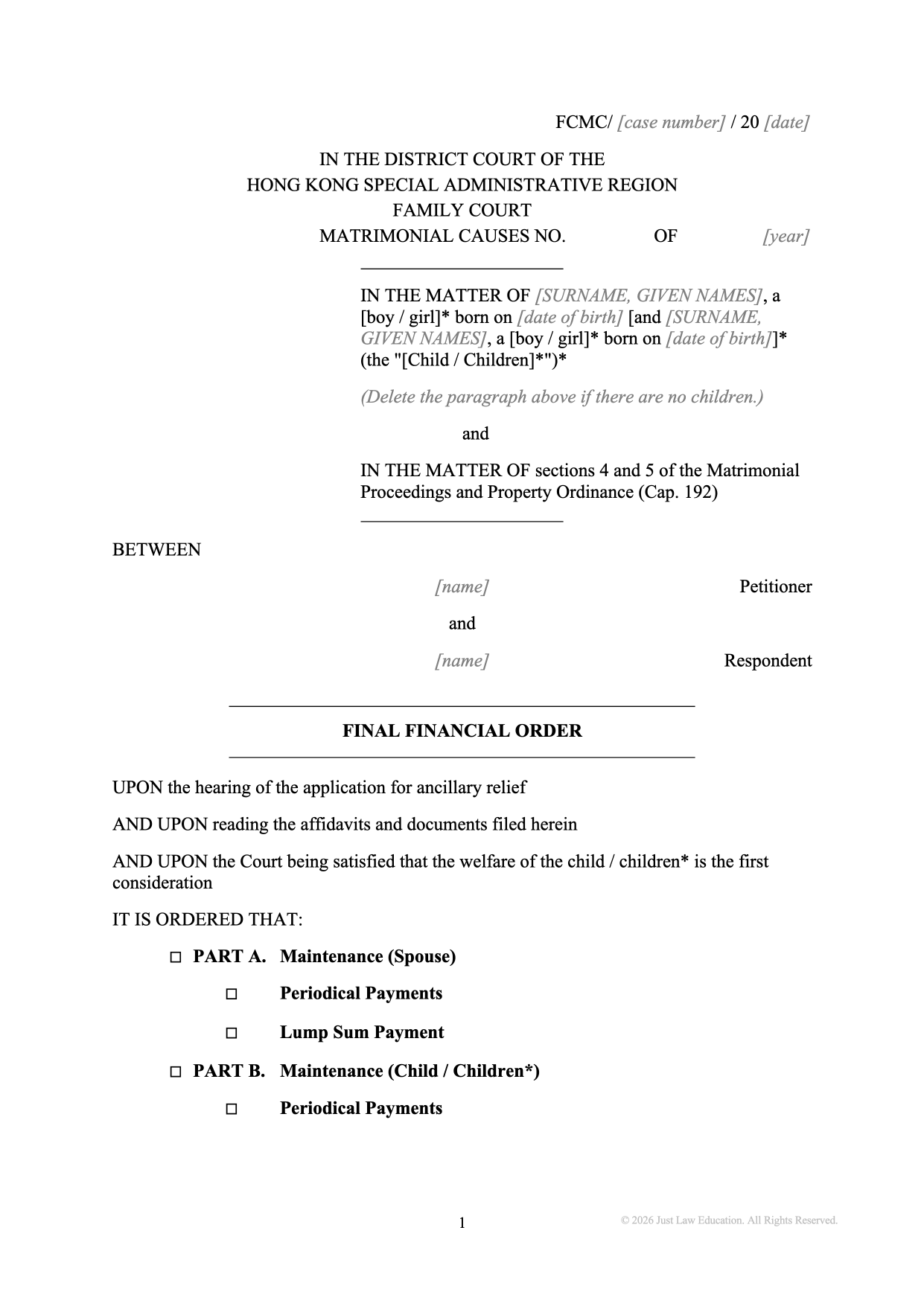 Form DO-25: Final Financial Order (Matrimonial)