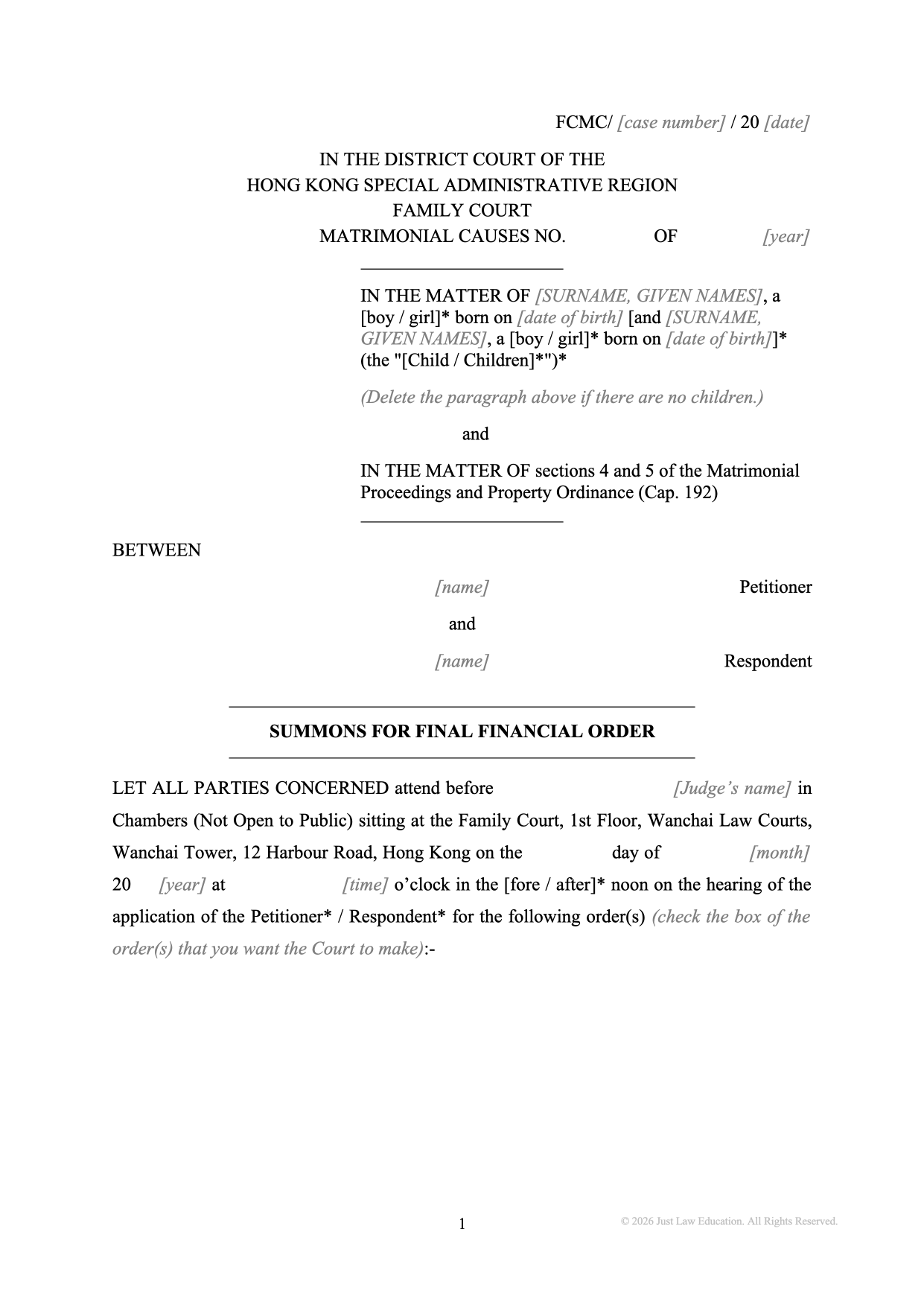 Form SUM-17: Summons — Final Financial Order (Matrimonial)