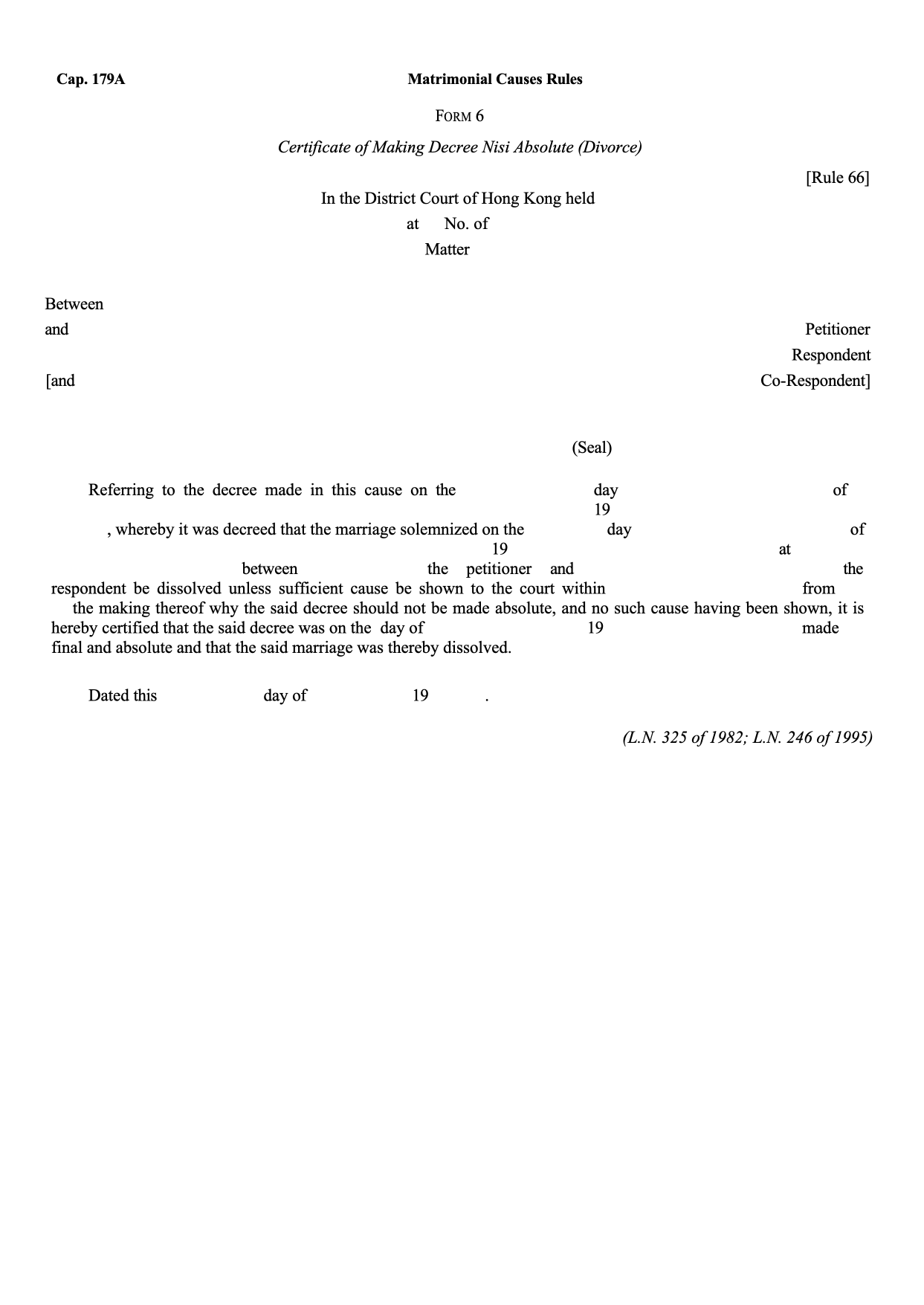 Form 6: Certificate of Making Decree Nisi Absolute (Divorce)