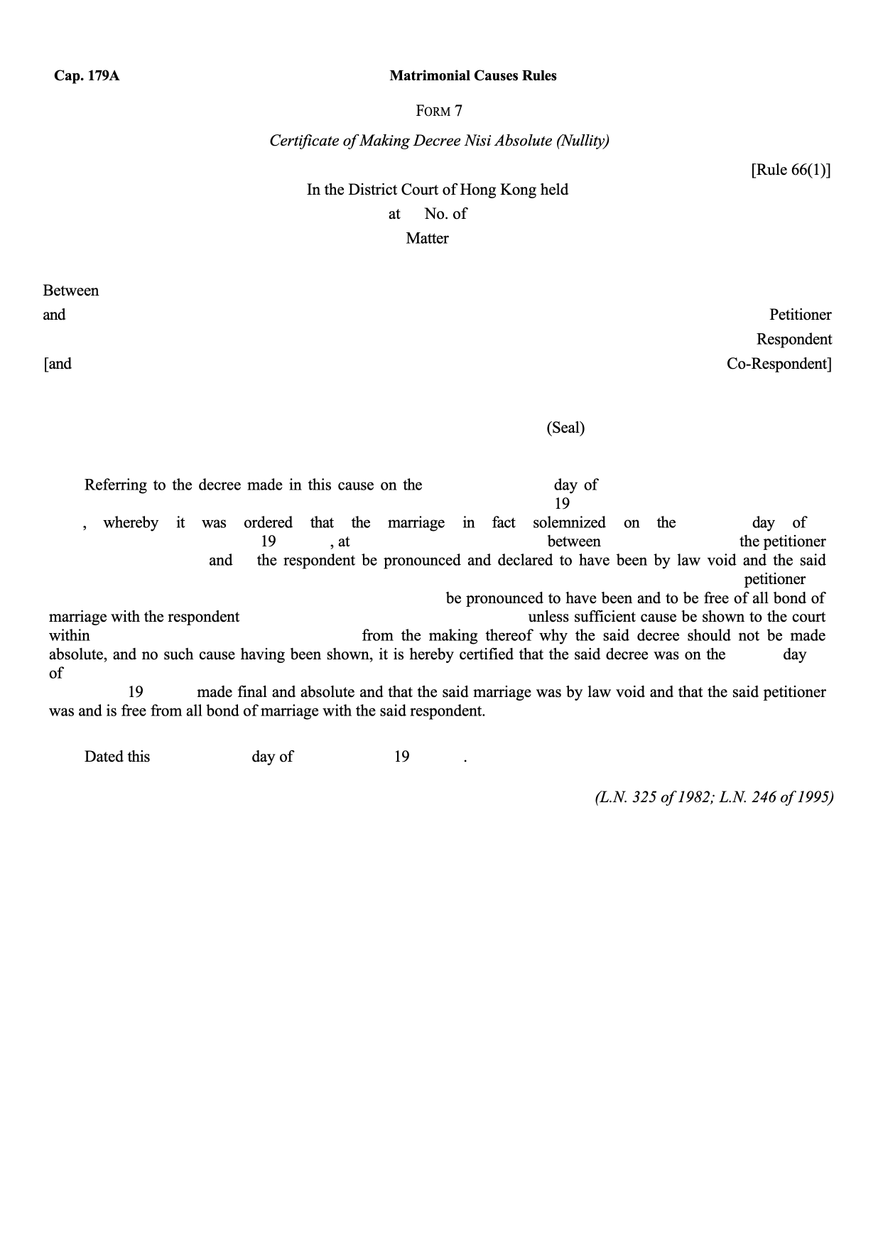 Form 7: Certificate of Making Decree Nisi Absolute (Nullity — Void)