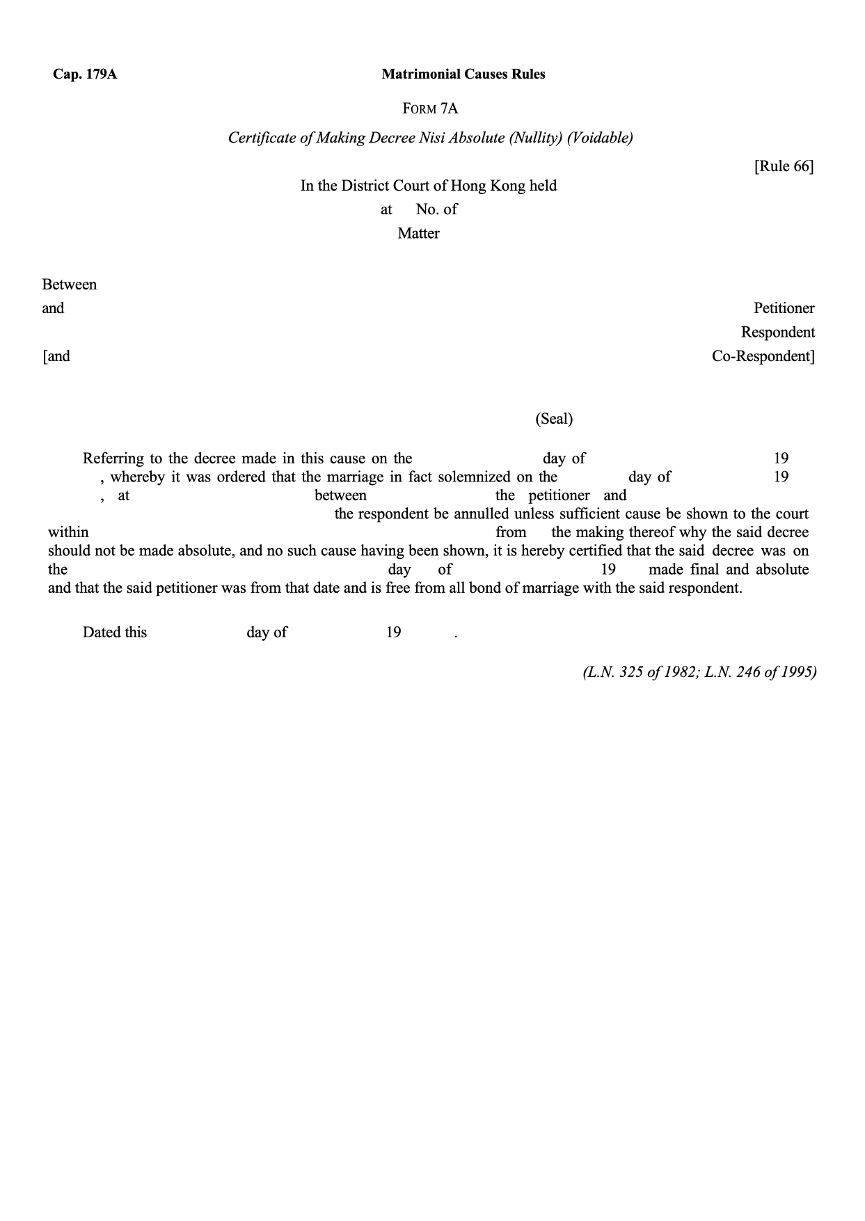 Form 7A: Certificate of Making Decree Nisi Absolute (Nullity — Voidable)
