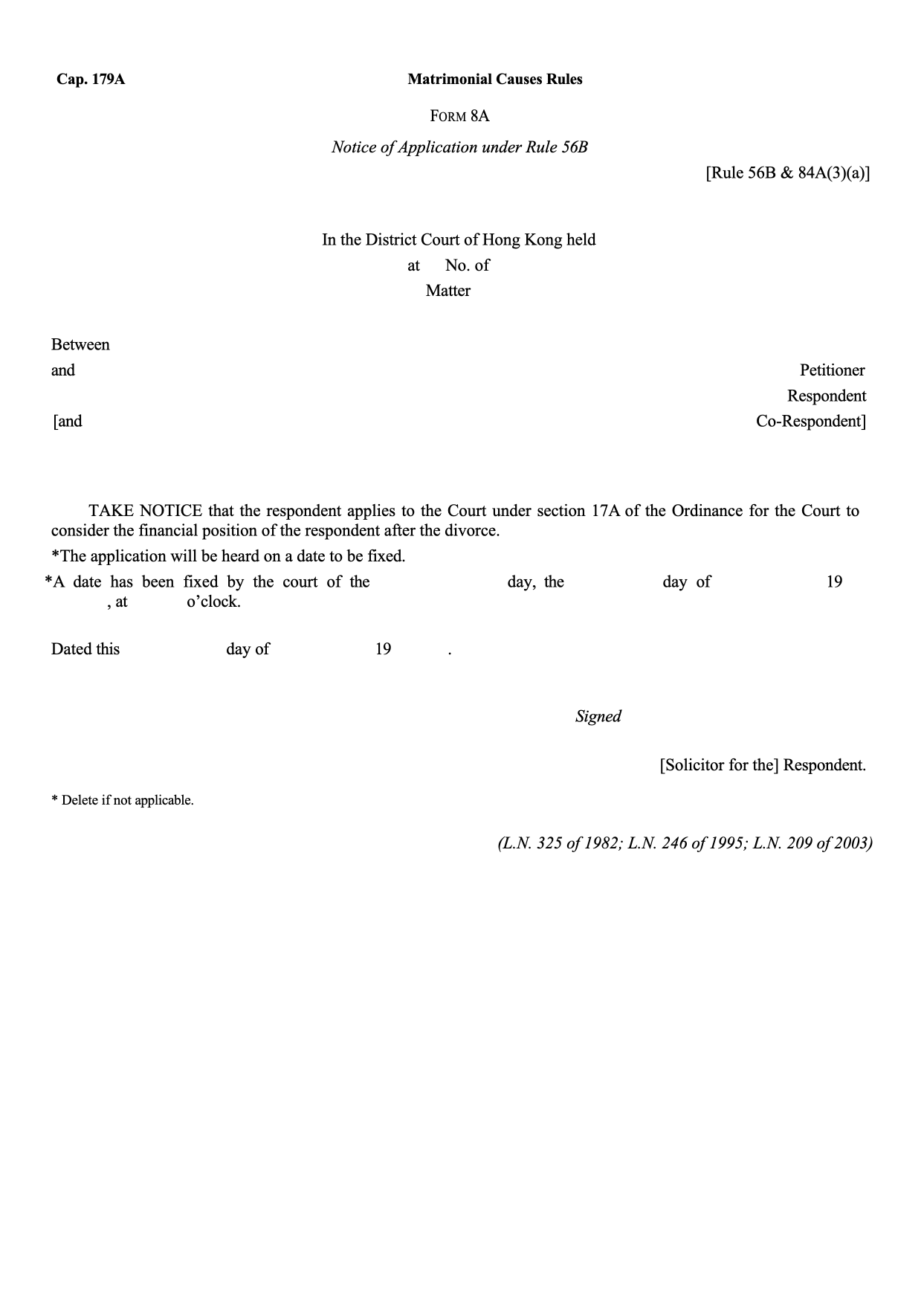 Form 8A: Notice of Application