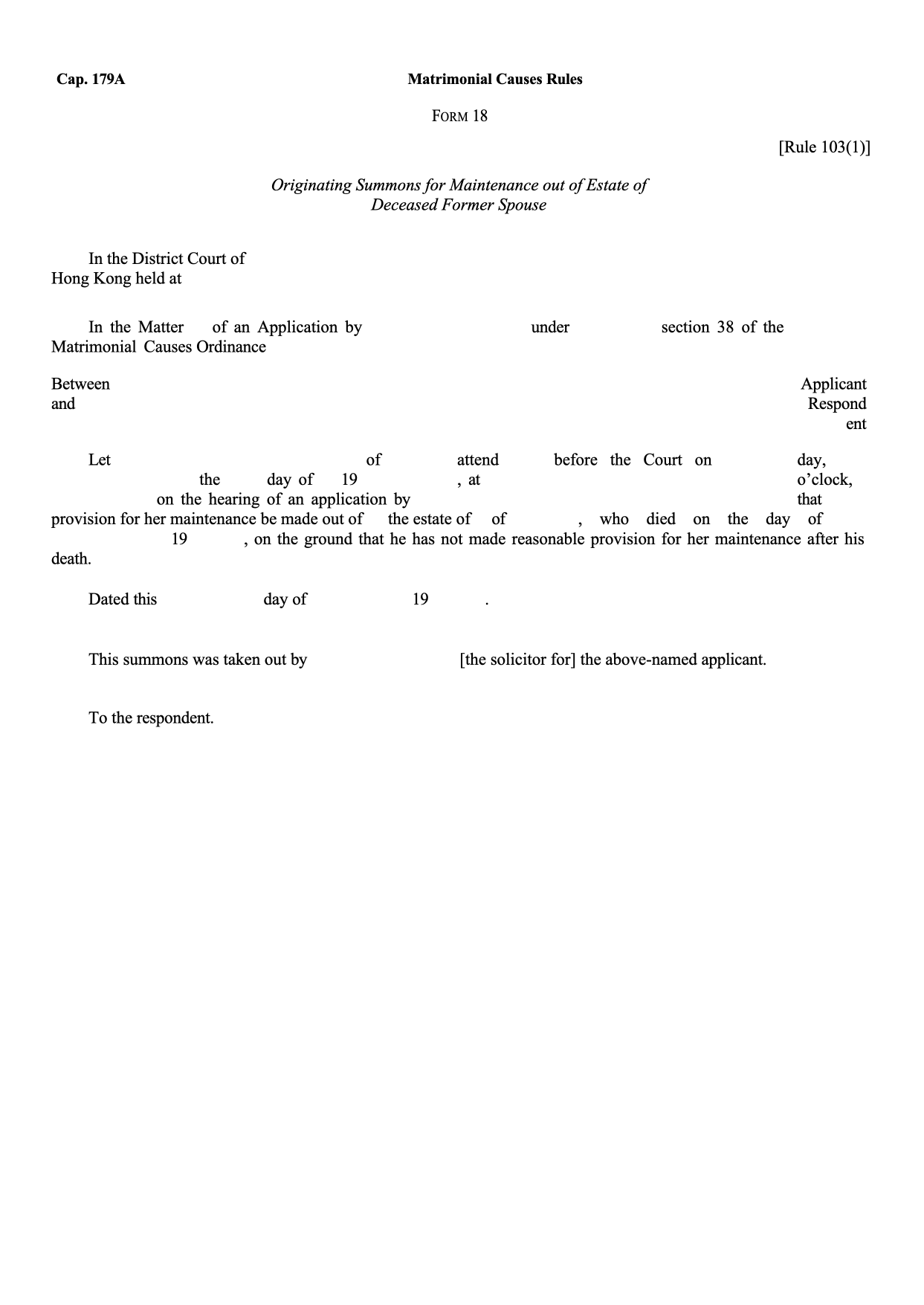 Form 18: Originating Summons for Maintenance out of Estate of Deceased Former Spouse