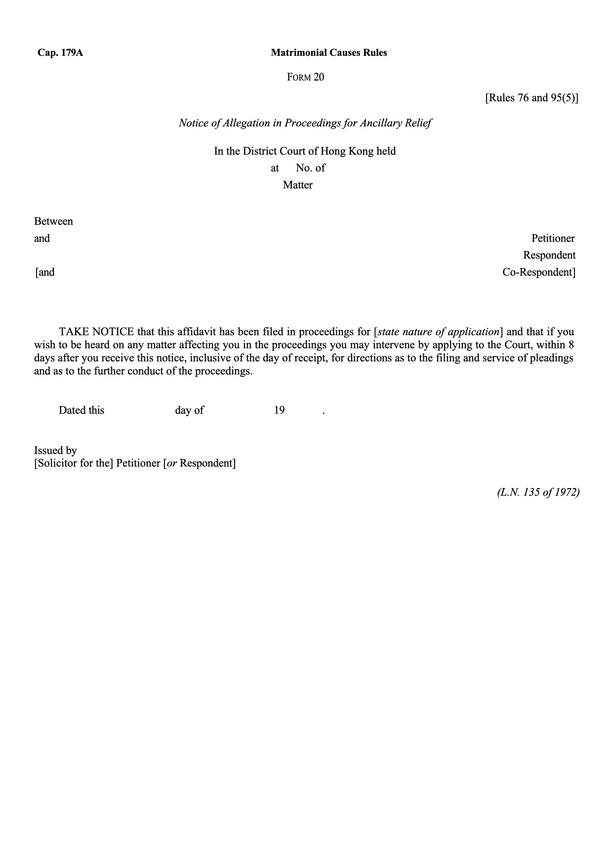 Form 20: Notice of Allegation in Proceedings for Ancillary Relief