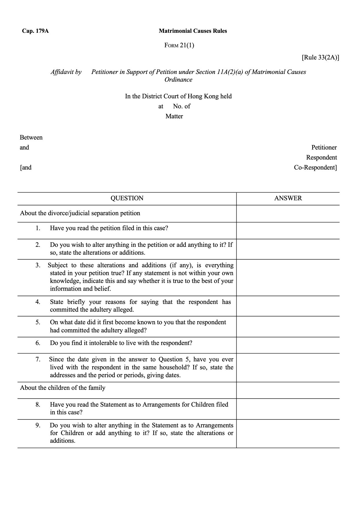 Form 21(1): Affidavit by Petitioner in Support of Petition