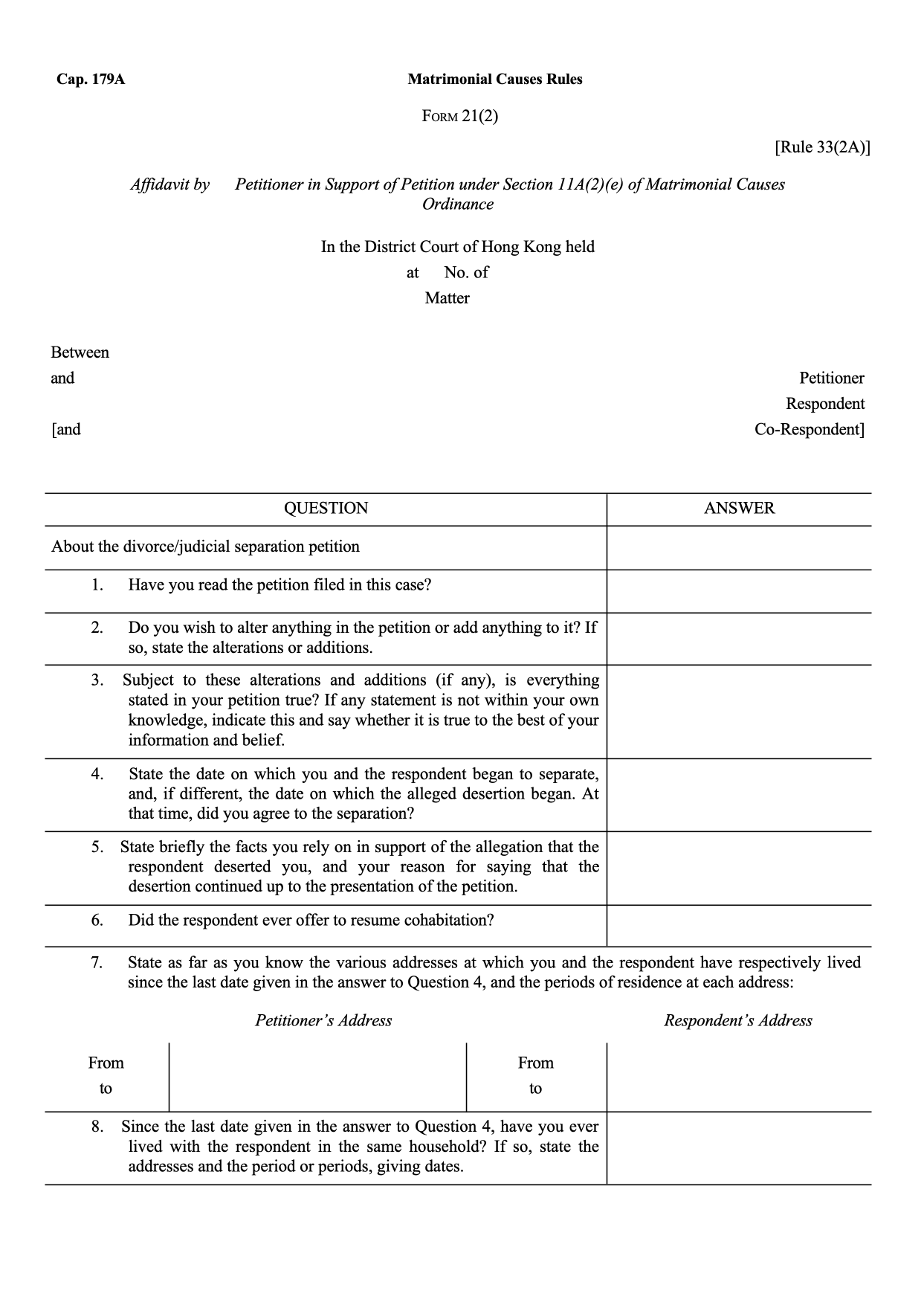 Form 21(2): Affidavit by Petitioner in Support of Petition