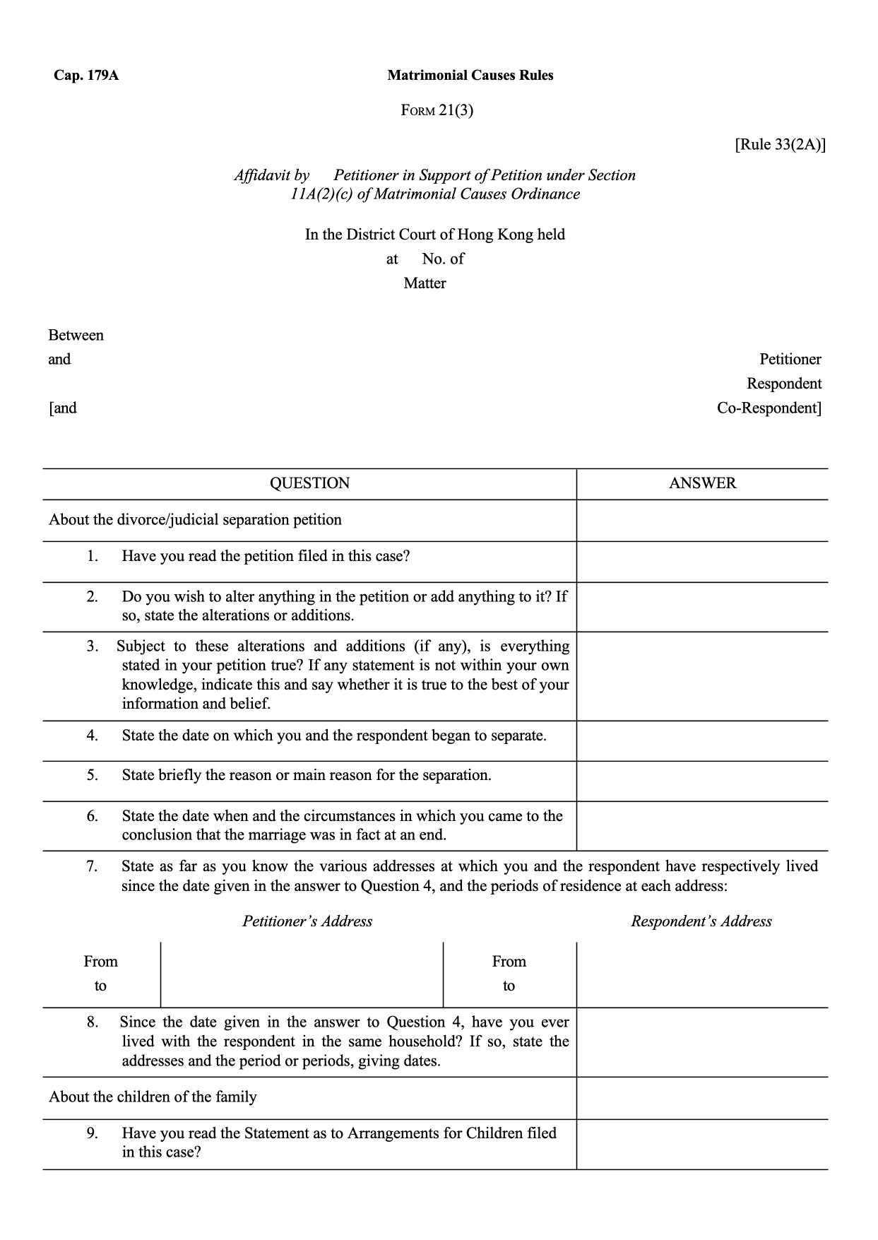 Form 21(3): Affidavit by Petitioner in Support of Petition