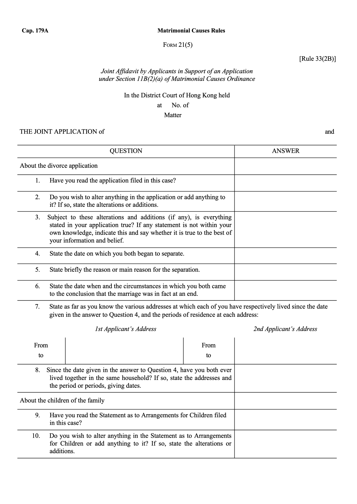 Form 21(5): Joint Affidavit by Applicants in Support of Application