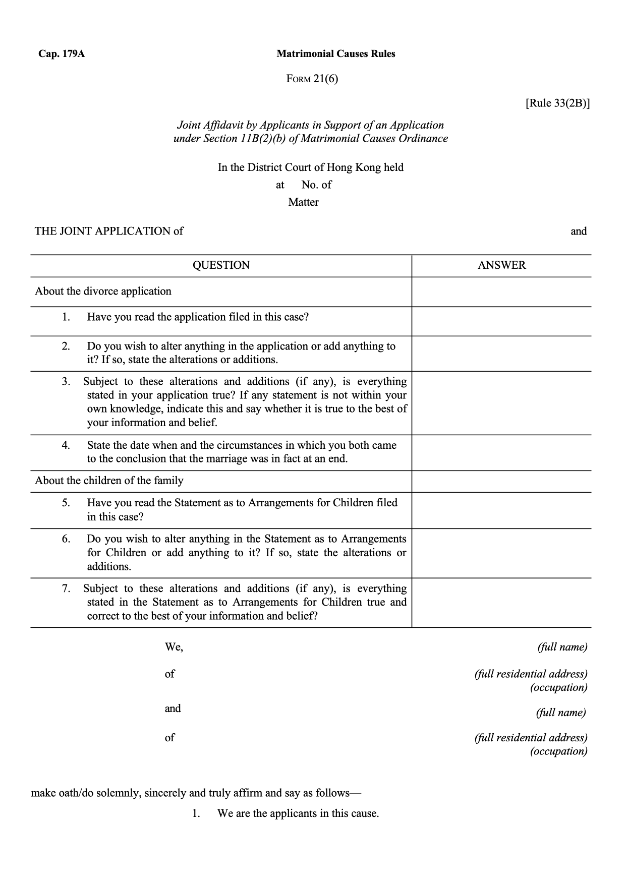 Form 21(6): Joint Affidavit by Applicants in Support of Application