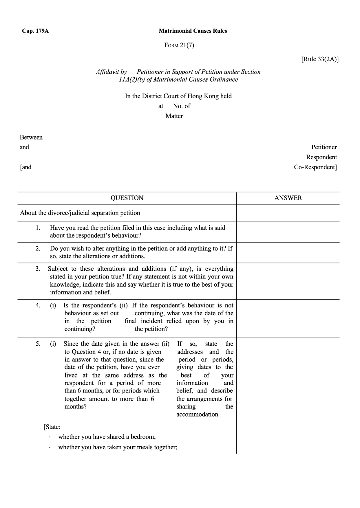 Form 21(7): Affidavit by Petitioner in Support of Petition
