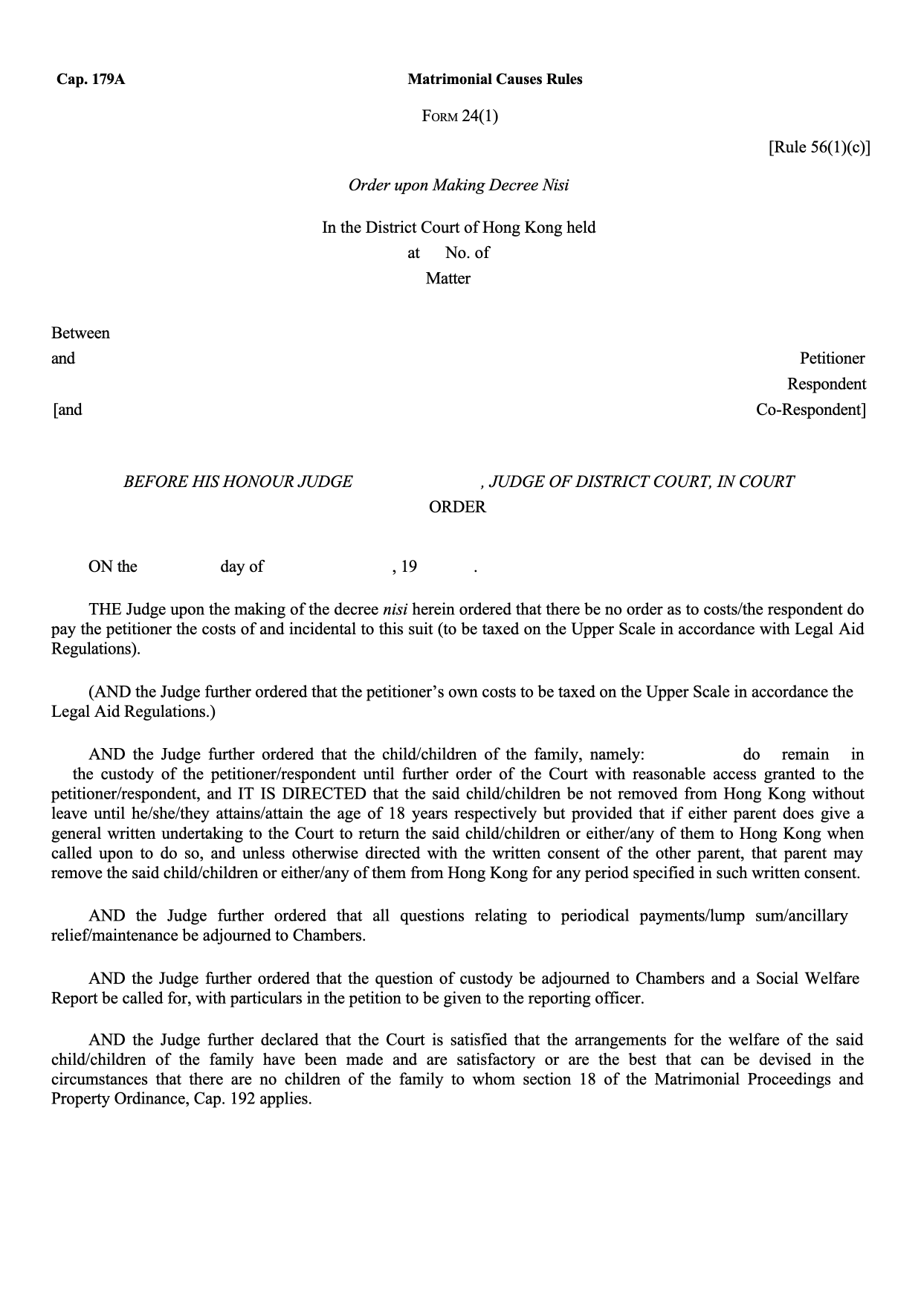 Form 24(1): Order upon Making Decree Nisi
