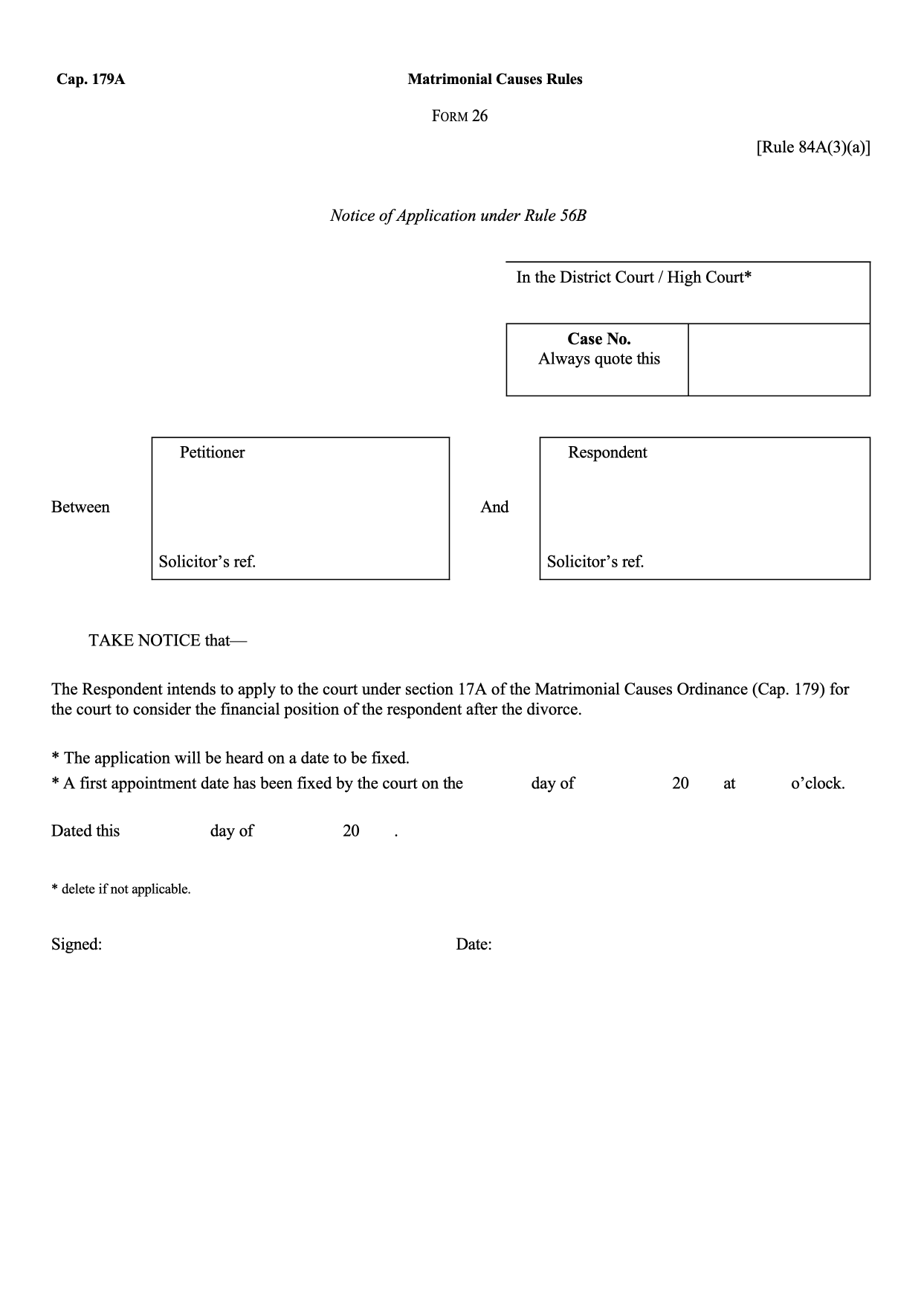 Form 26: Notice of Application for Ancillary Relief (Joint Application)