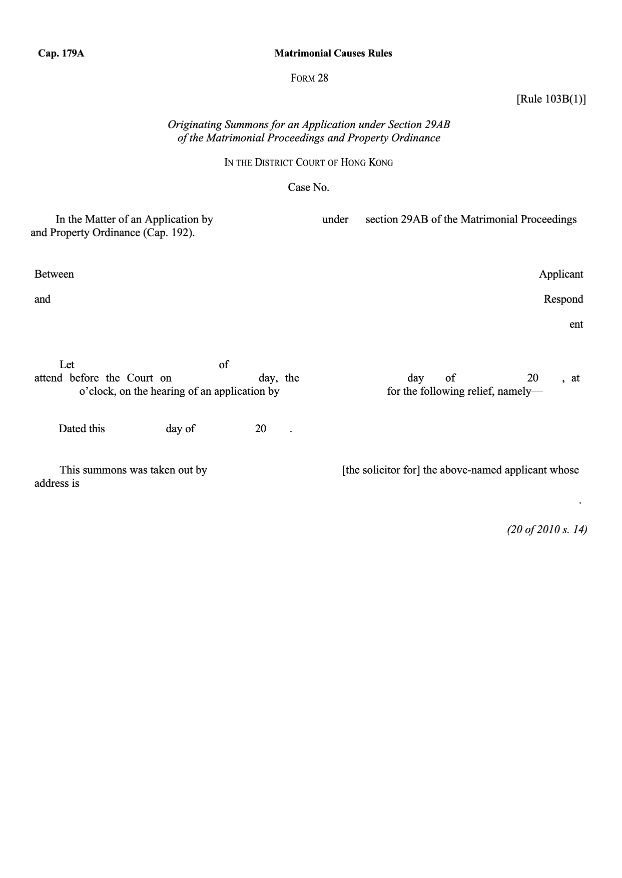 Form 28: Originating Summons for Application