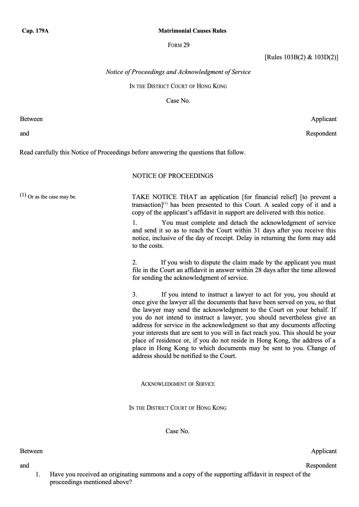 Form 29: Notice of Proceedings and Acknowledgment of Service