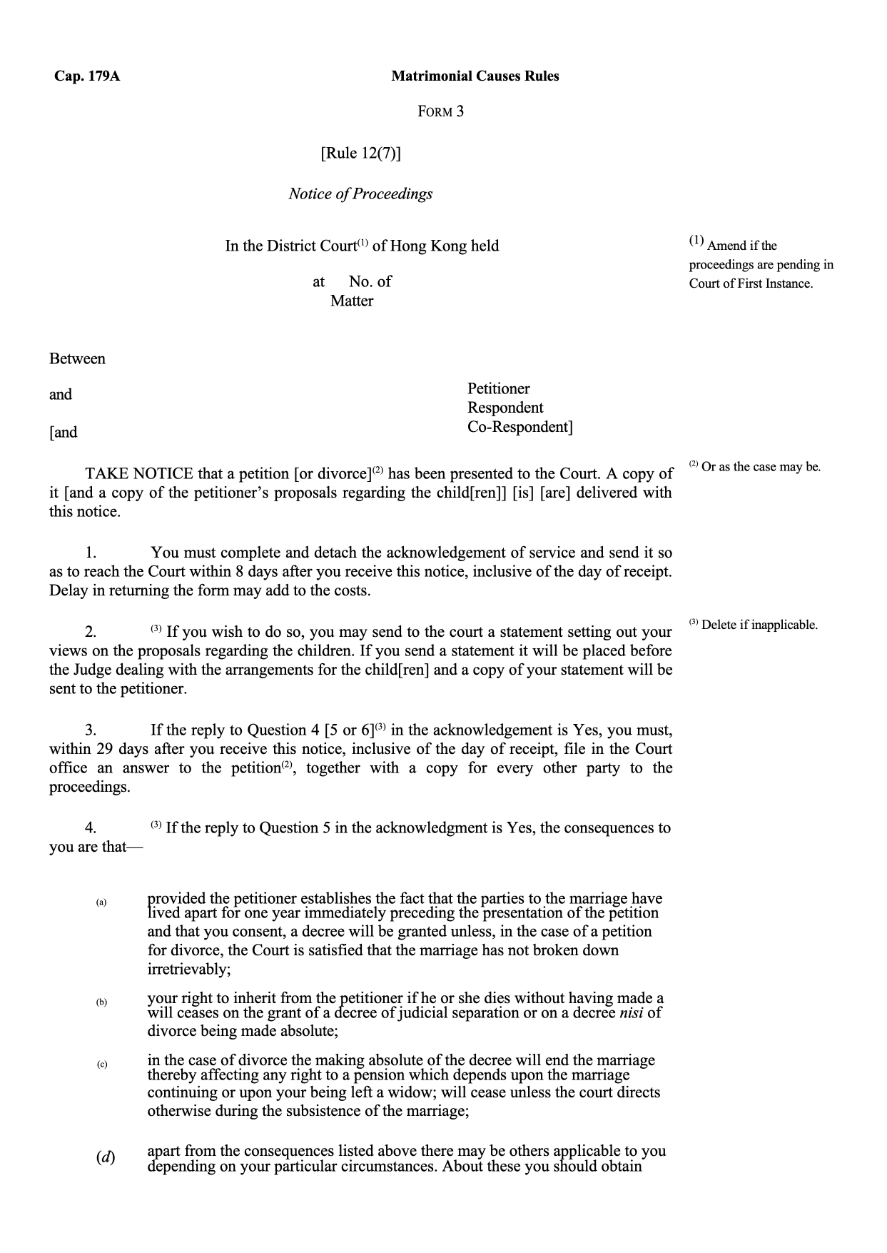 Form 3: Notice of Proceedings