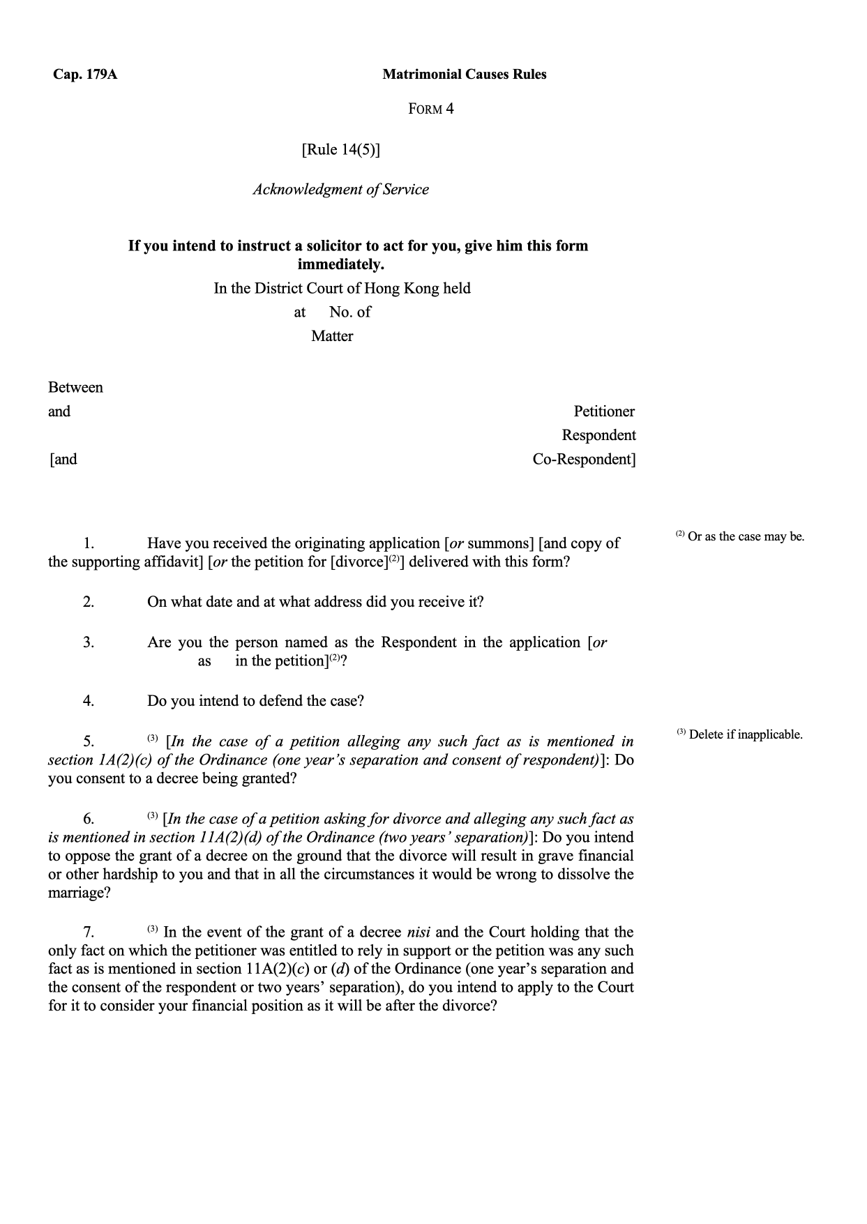 Form 4: Acknowledgment of Service
