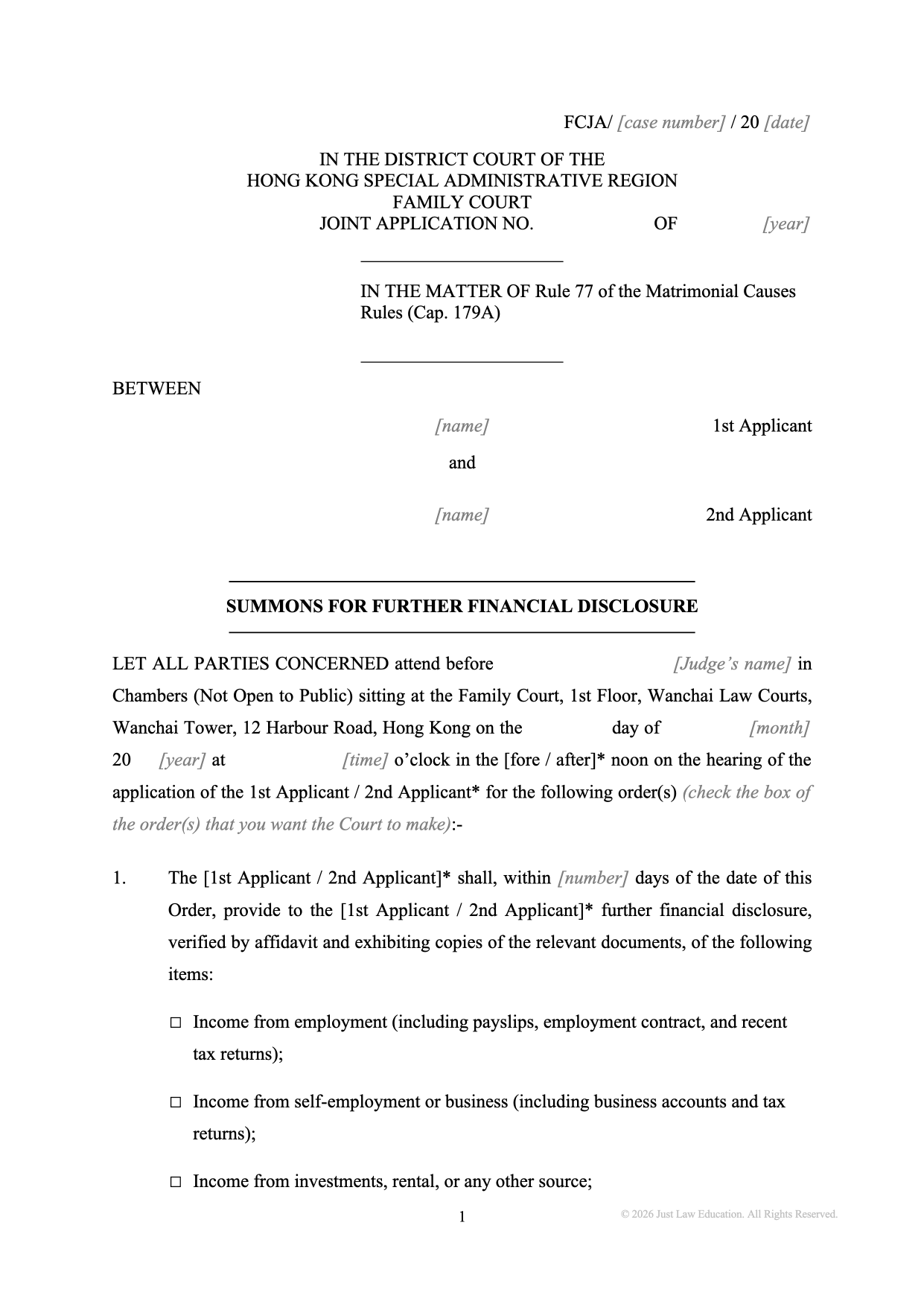 Form SUM-19: Summons — Further Financial Disclosure (JA)