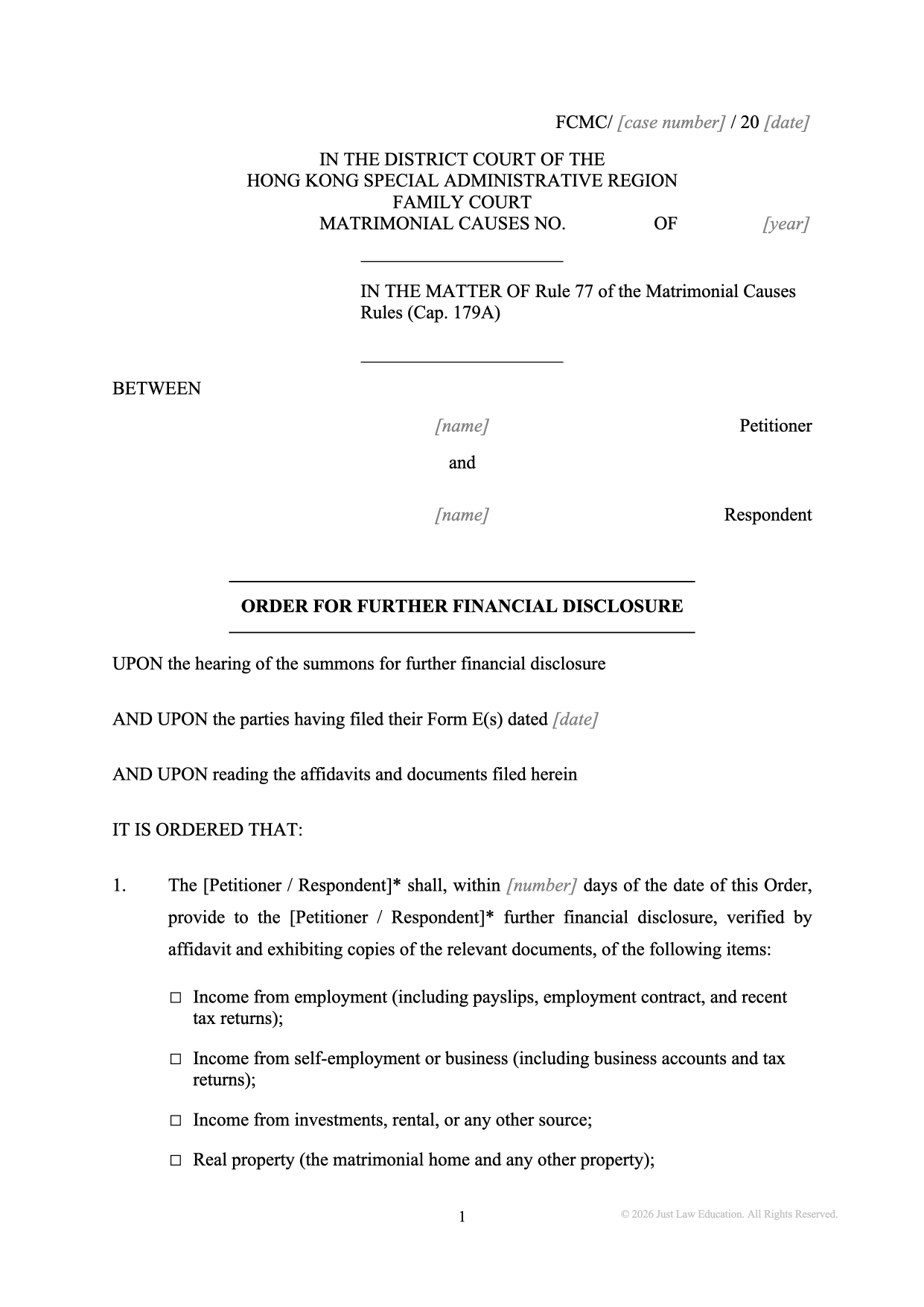 Form DO-31: Further Financial Disclosure (Matrimonial)
