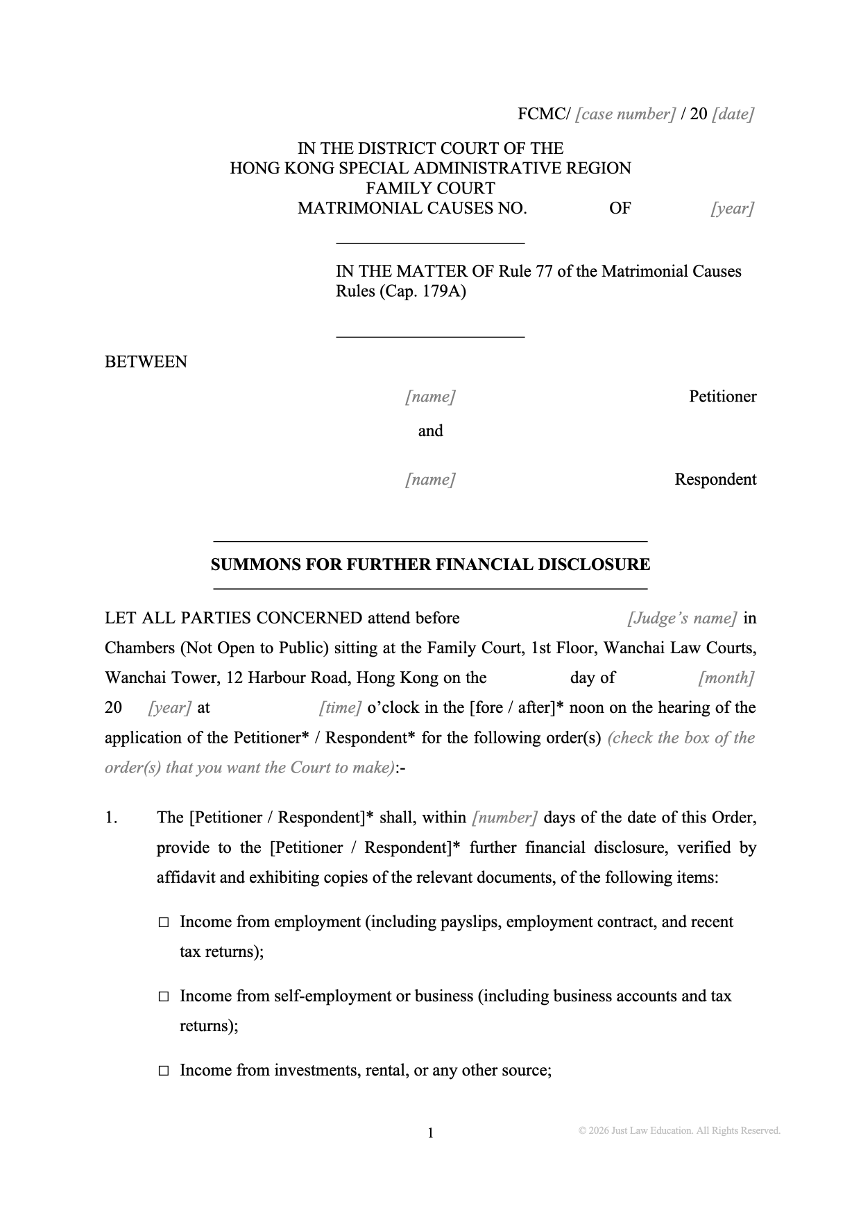 Form SUM-20: Summons — Further Financial Disclosure (Matrimonial)