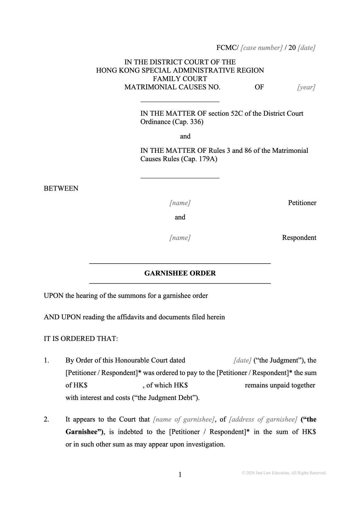 Form DO-69: Garnishment Order (Matrimonial)