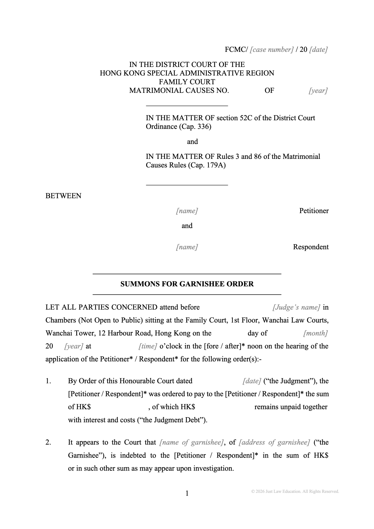 Form SUM-56: Summons — Garnishment Order (Matrimonial)