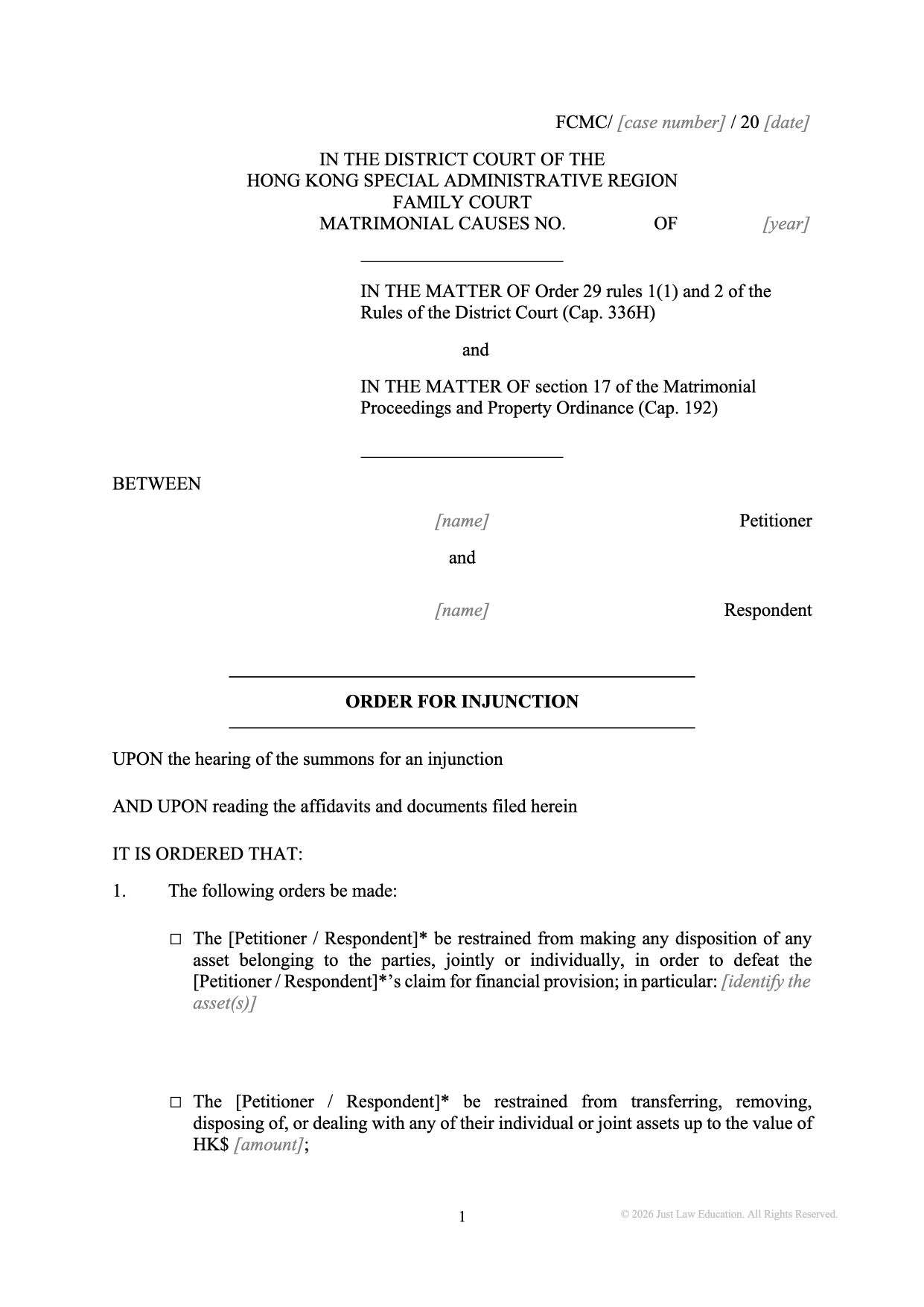 Form DO-54: Injunction (Matrimonial)