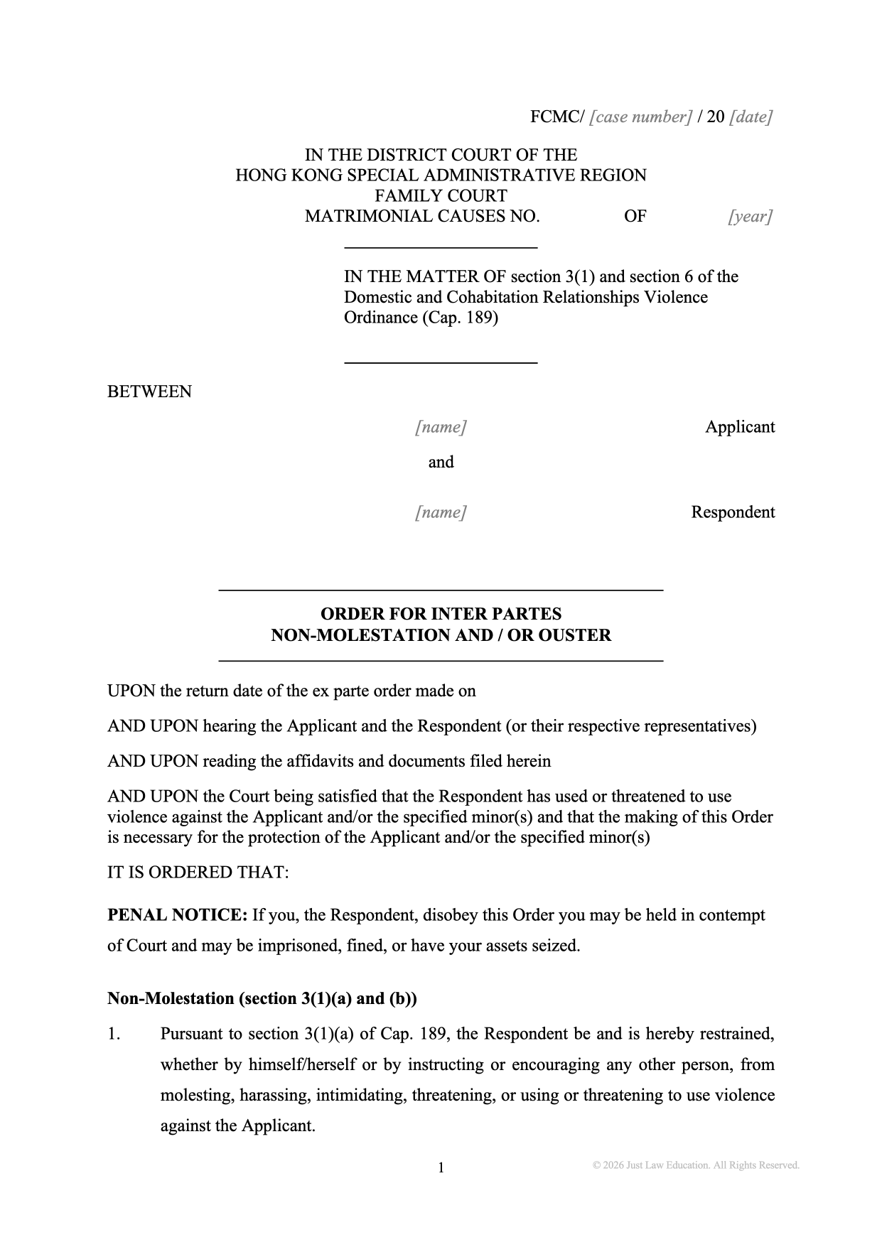 Form DO-84: Inter Partes Non-Molestation and Ouster Order (Matrimonial)