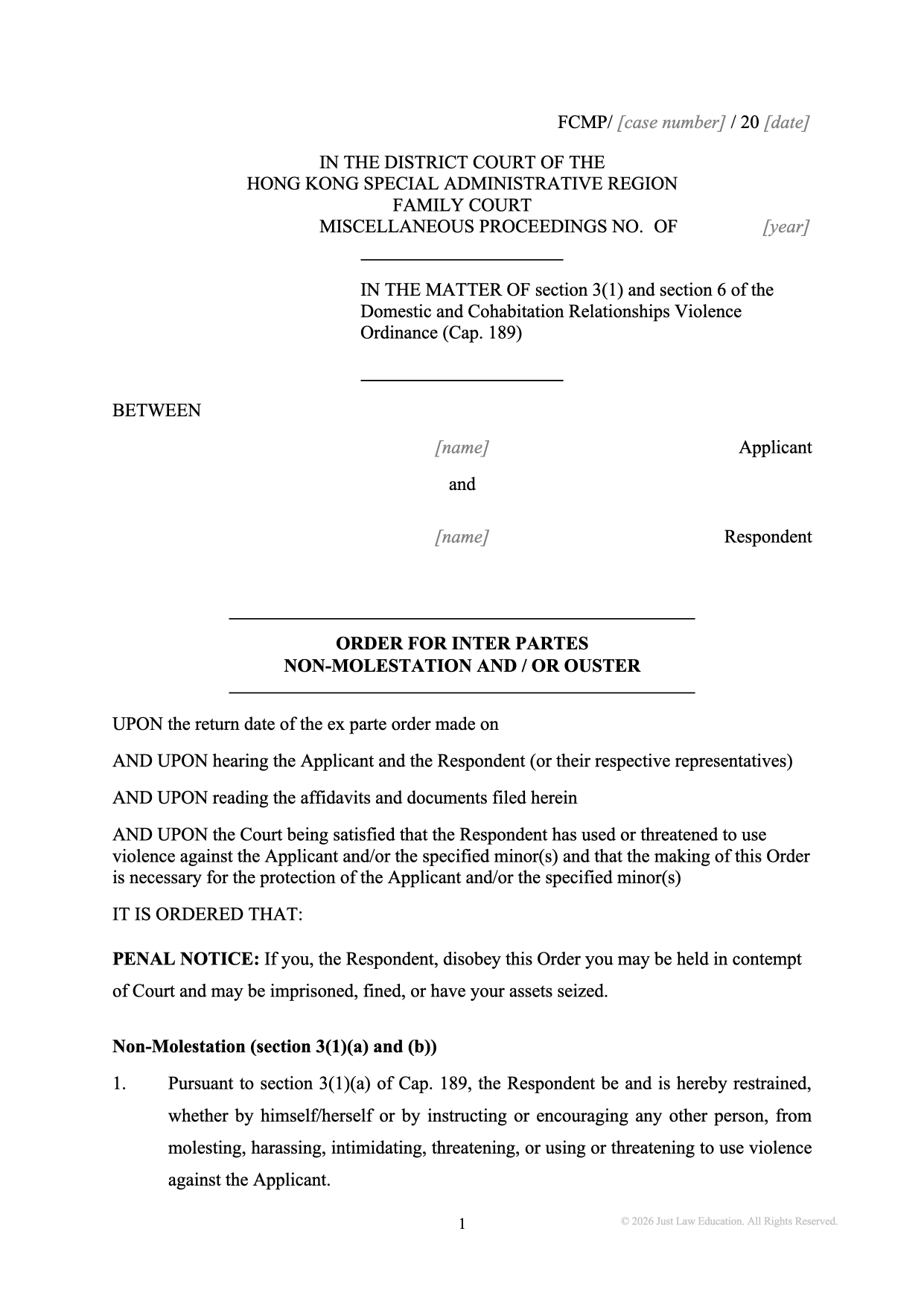 Form DO-85: Inter Partes Non-Molestation and Ouster Order (Unmarried)