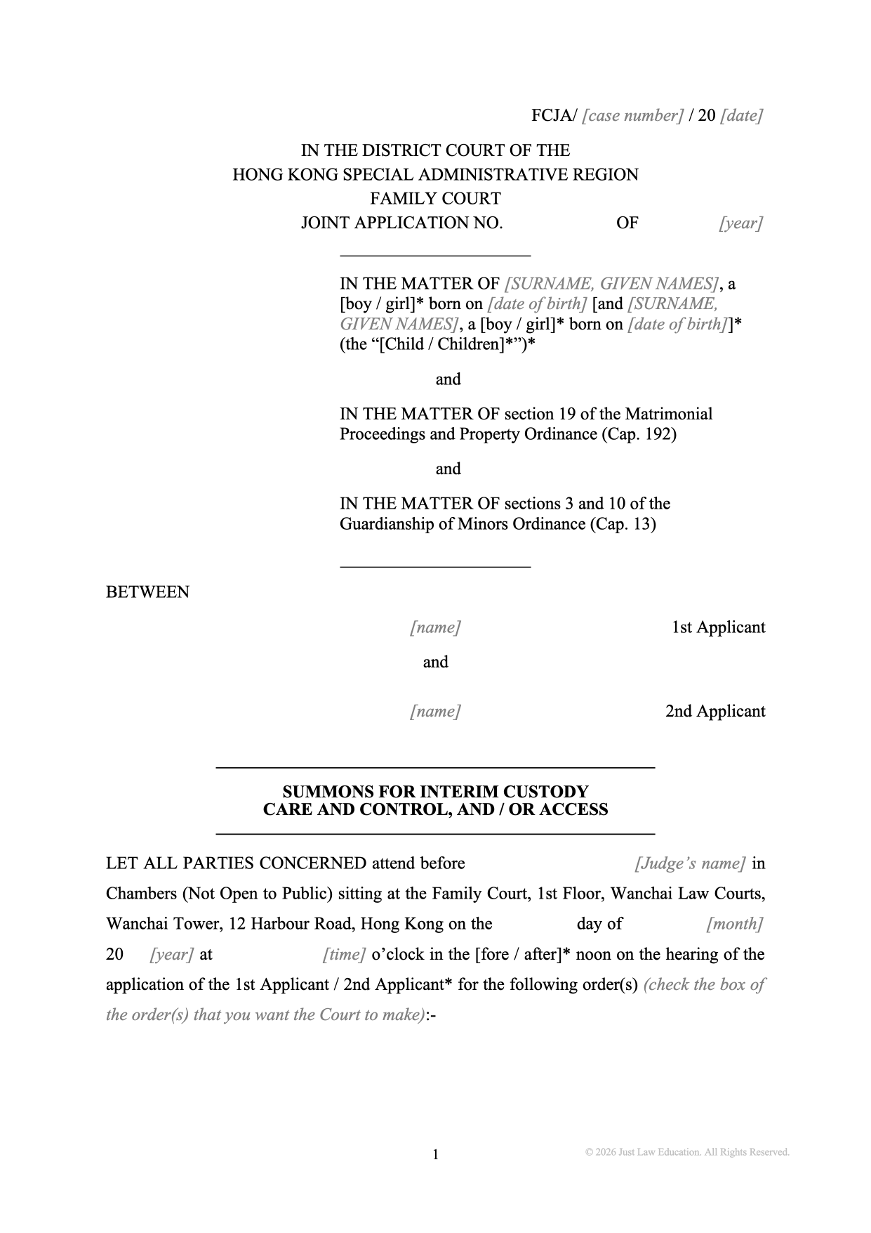 Form SUM-04: Summons — Interim Custody, Care, Control and Access Order (JA)