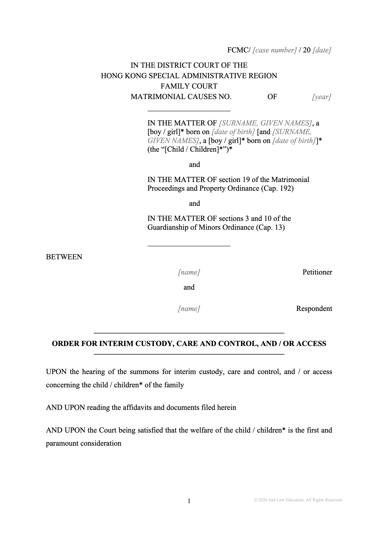 Form DO-08: Interim Custody, Care, Control and Access Order (Matrimonial)