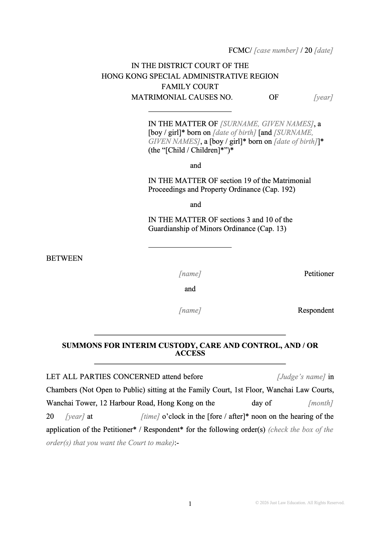 Form SUM-05: Summons — Interim Custody, Care, Control and Access Order (Matrimonial)