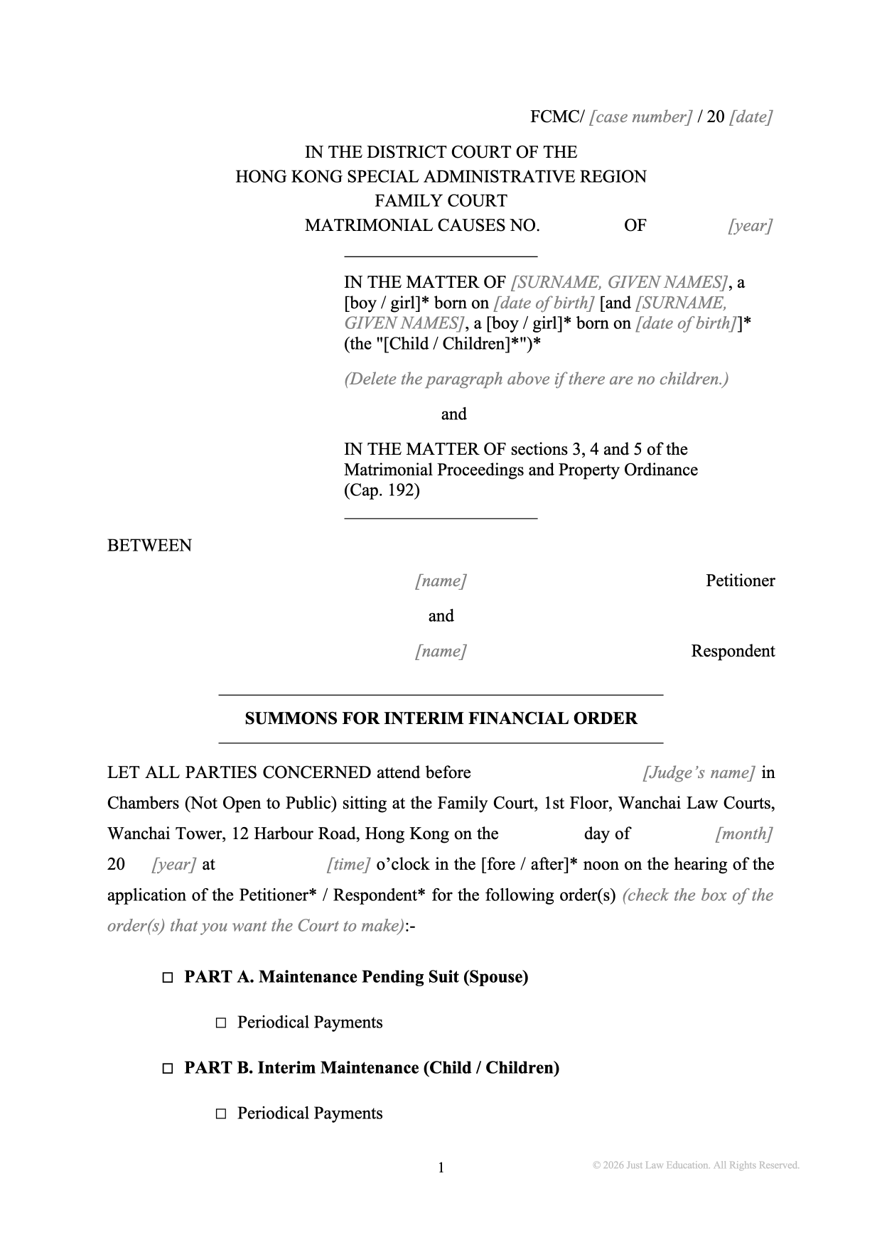 Form SUM-23: Summons — Interim Financial Order (Matrimonial)