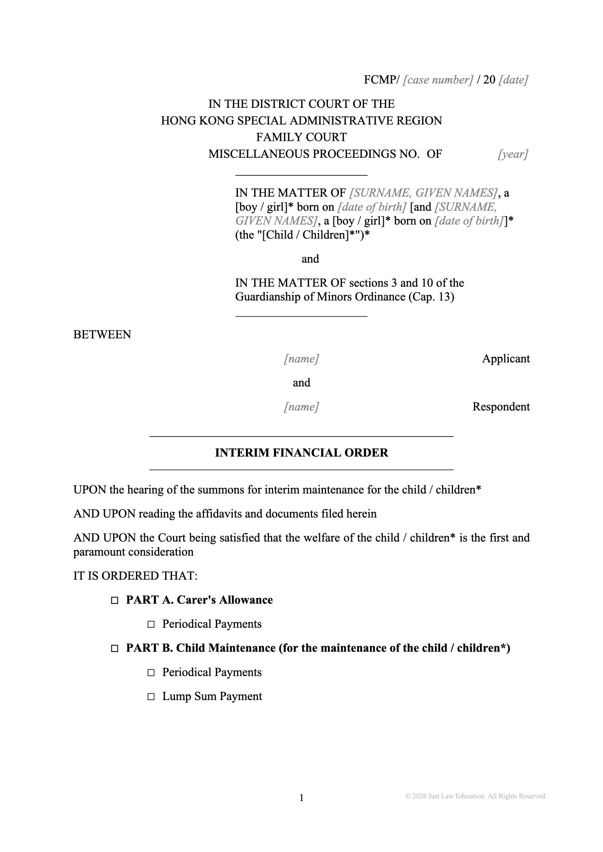 Form DO-35: Interim Financial Order (Unmarried)